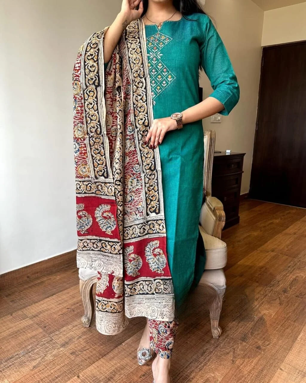 Persian Green Embroidered Handloom Cotton Suit Set with Dupatta | Women's Collection