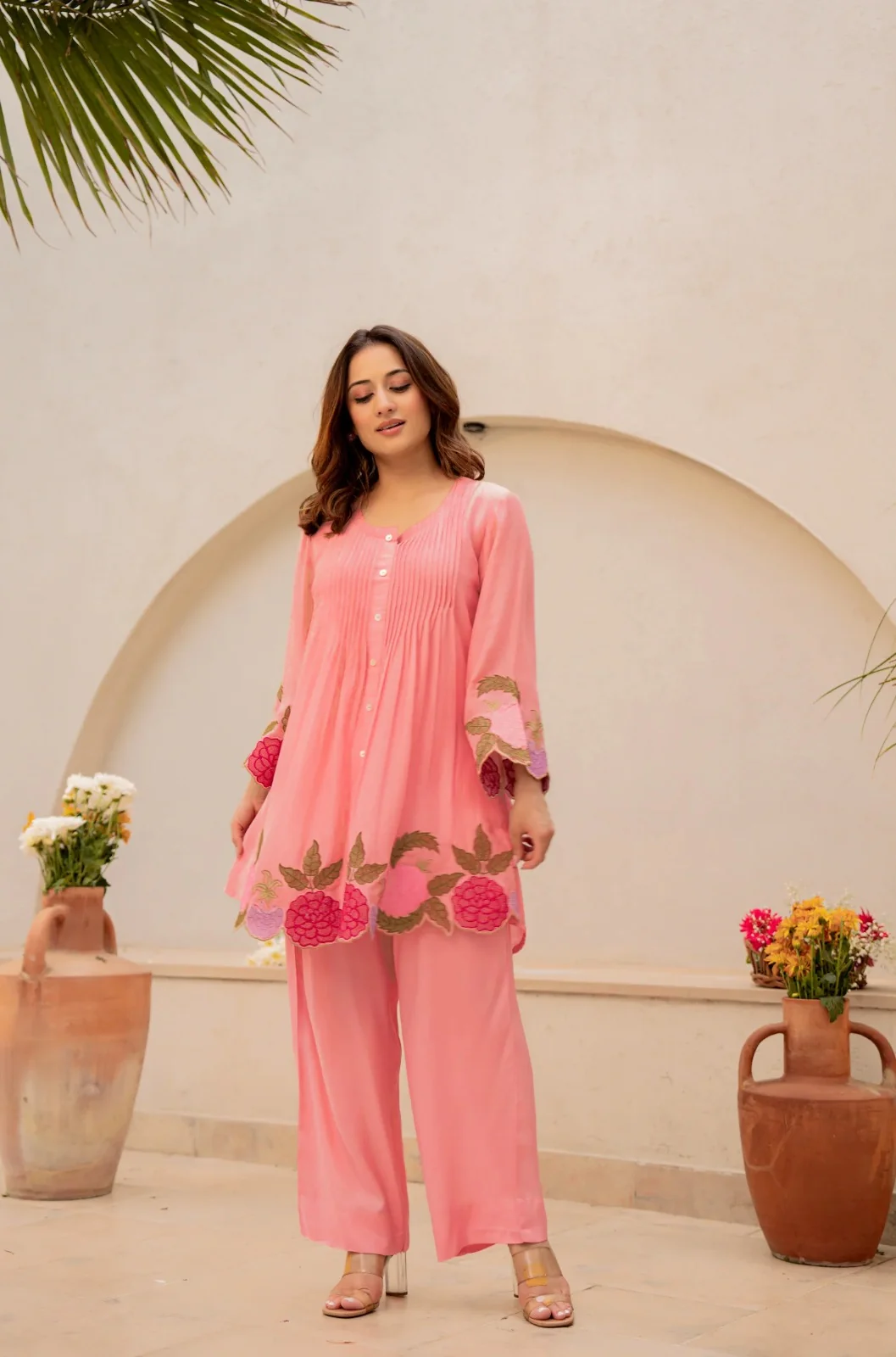 Rose Gold Embroidered Cotton Co-Ord Set | Women's Collection