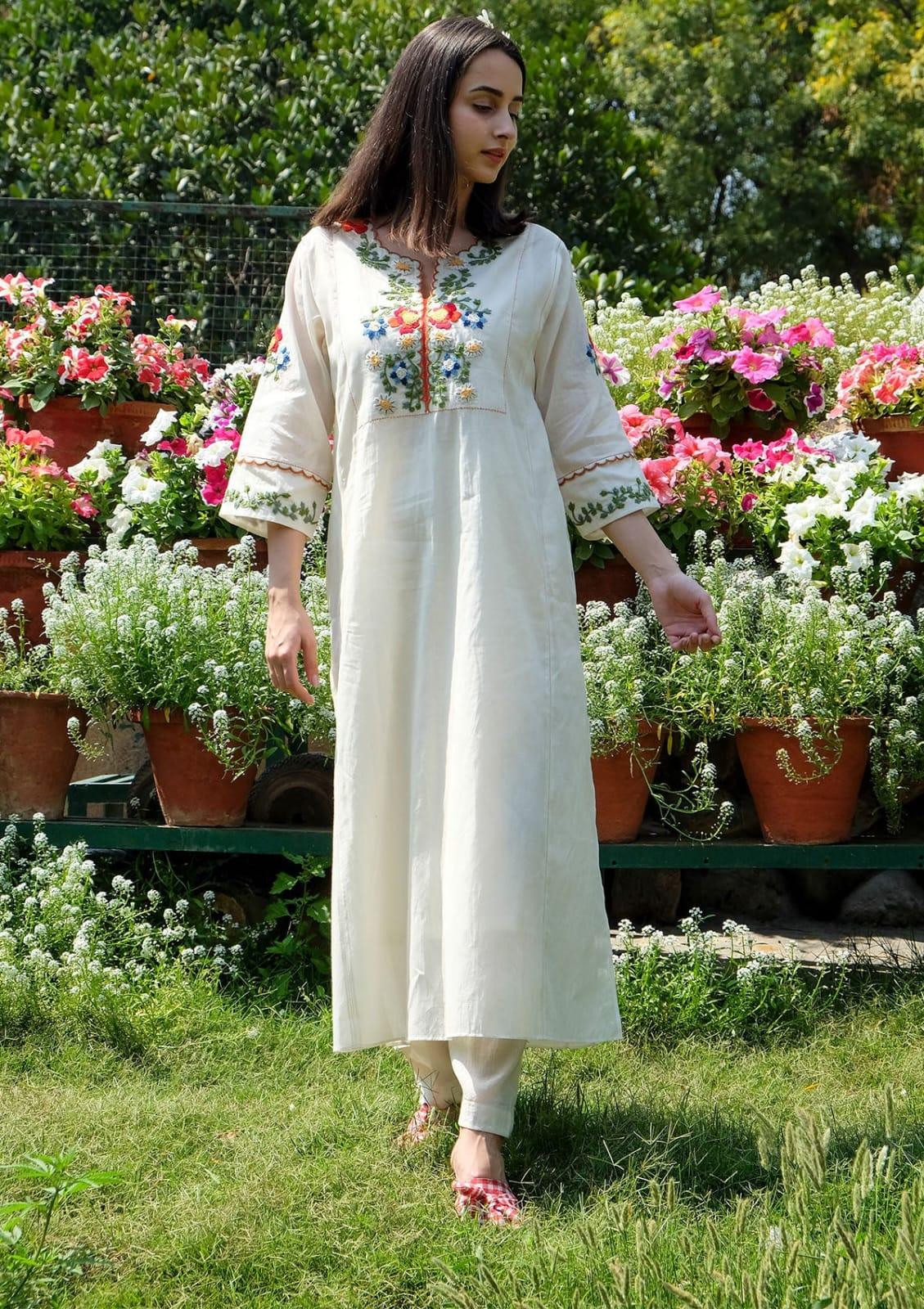 Off White Embroidered Cotton Kurta Pant Set | Women's Collection