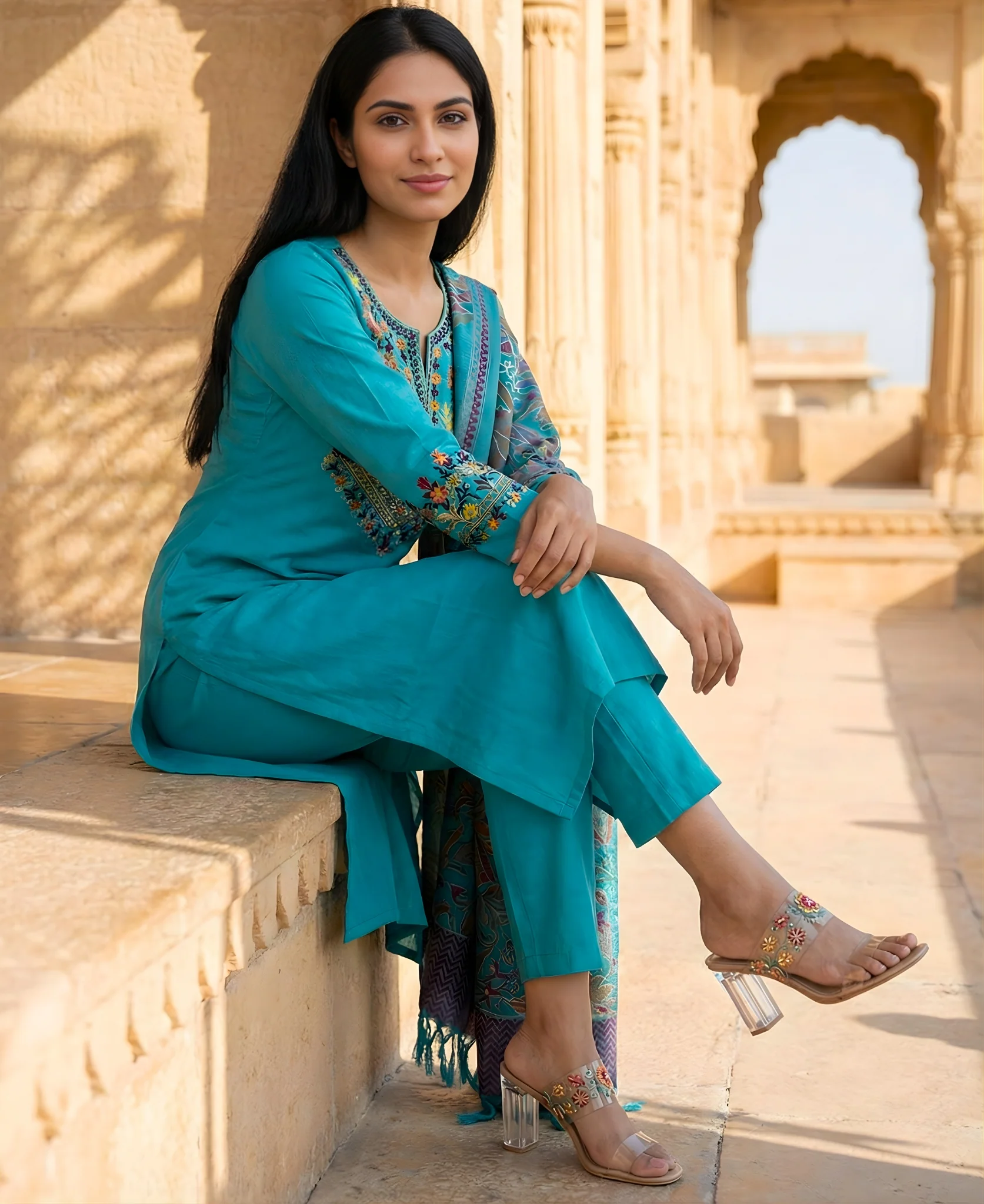 Sky Blue Embroidered Cotton Flex Kurta Pant Set with Dupatta | Women's Collection