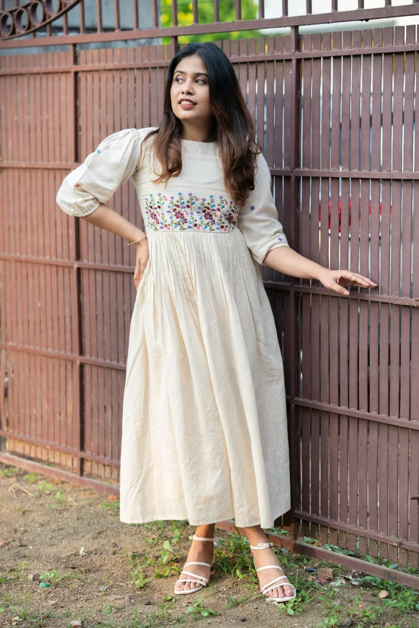 Off White Crochet Lace Work Rayon Anarkali Gown | Women's Collection