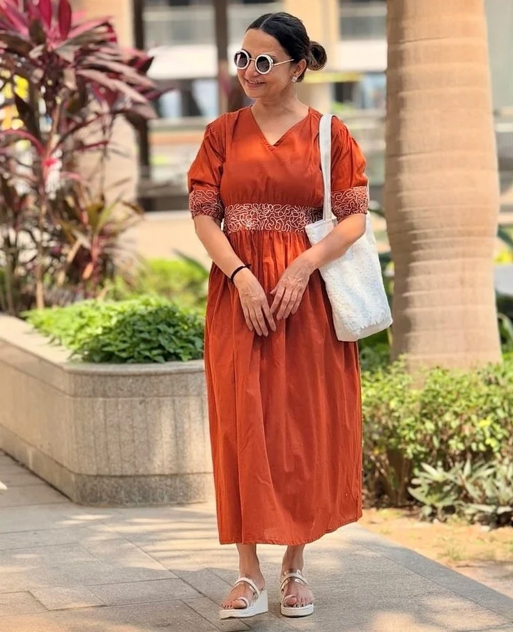 Rust Brown Embroidered Cotton Slub Anarkali Gown | Women's Collection