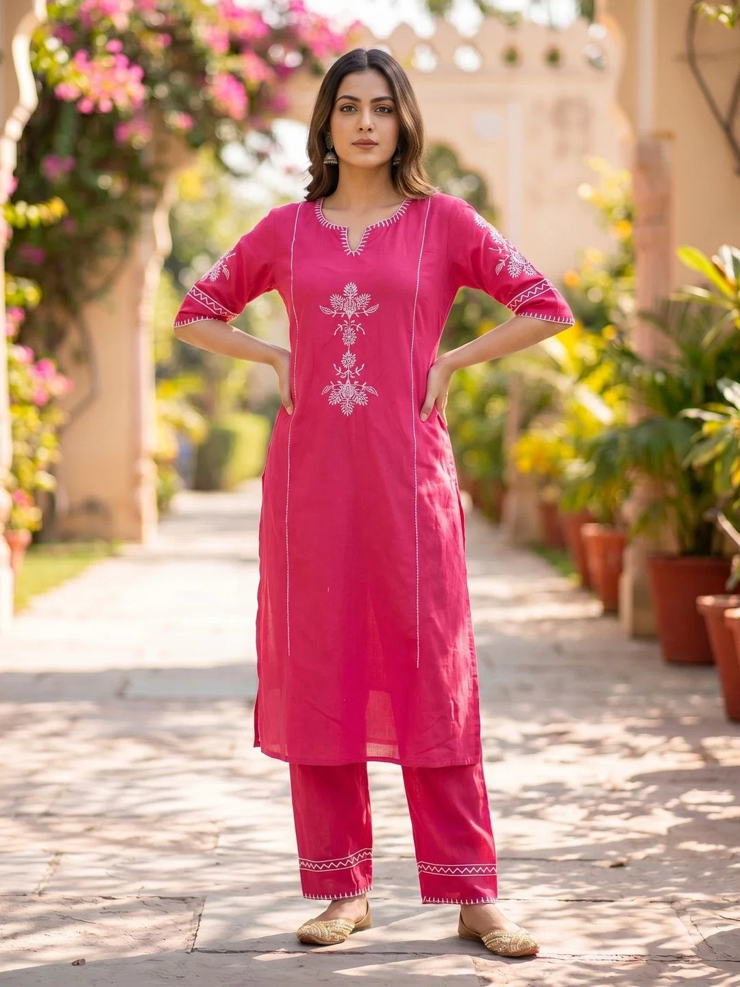 Pink Embroidered South Cotton Kurta Pant Set | Women's Collection