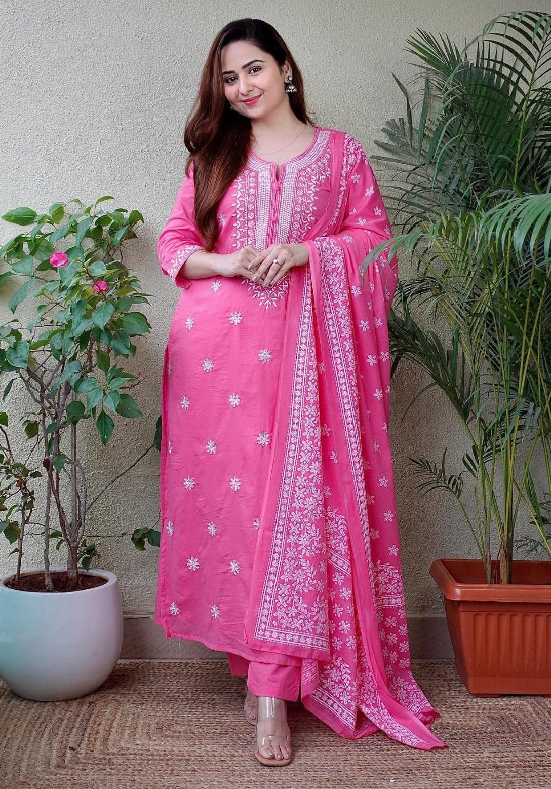 Pale Magenta Embroidered Suit Set with Dupatta | Women's Collection