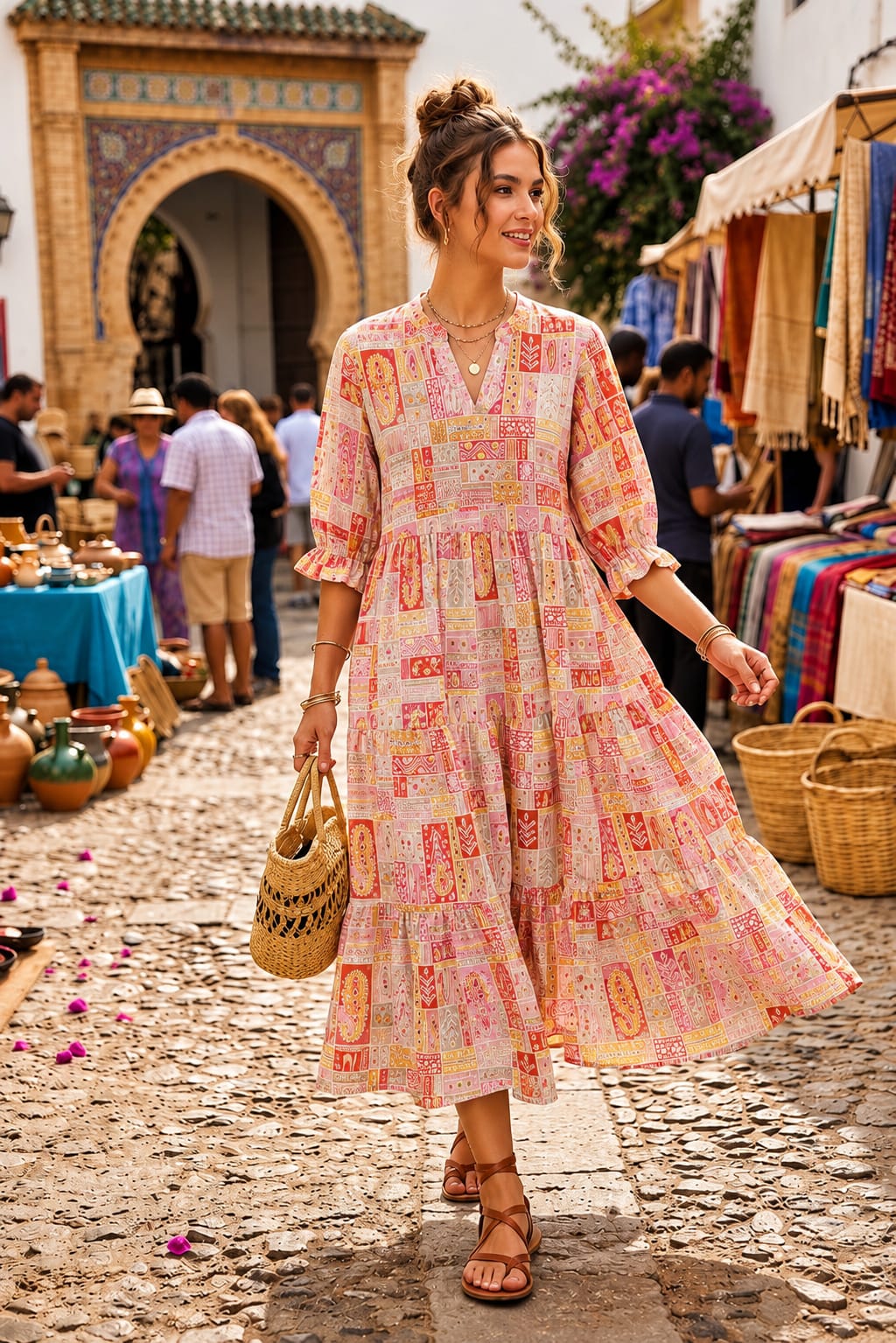 Beige Red Ethnic Motif Printed Cotton Gown | Women's Collection