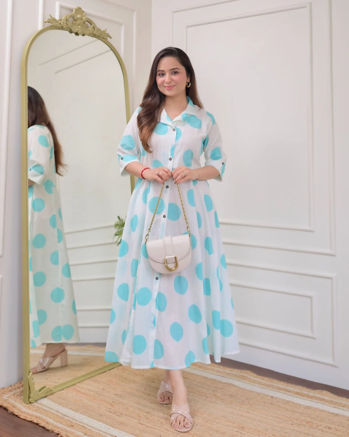 White Aqua Polka Dot Printed Rayon Anarkali Gown | Women's Collection