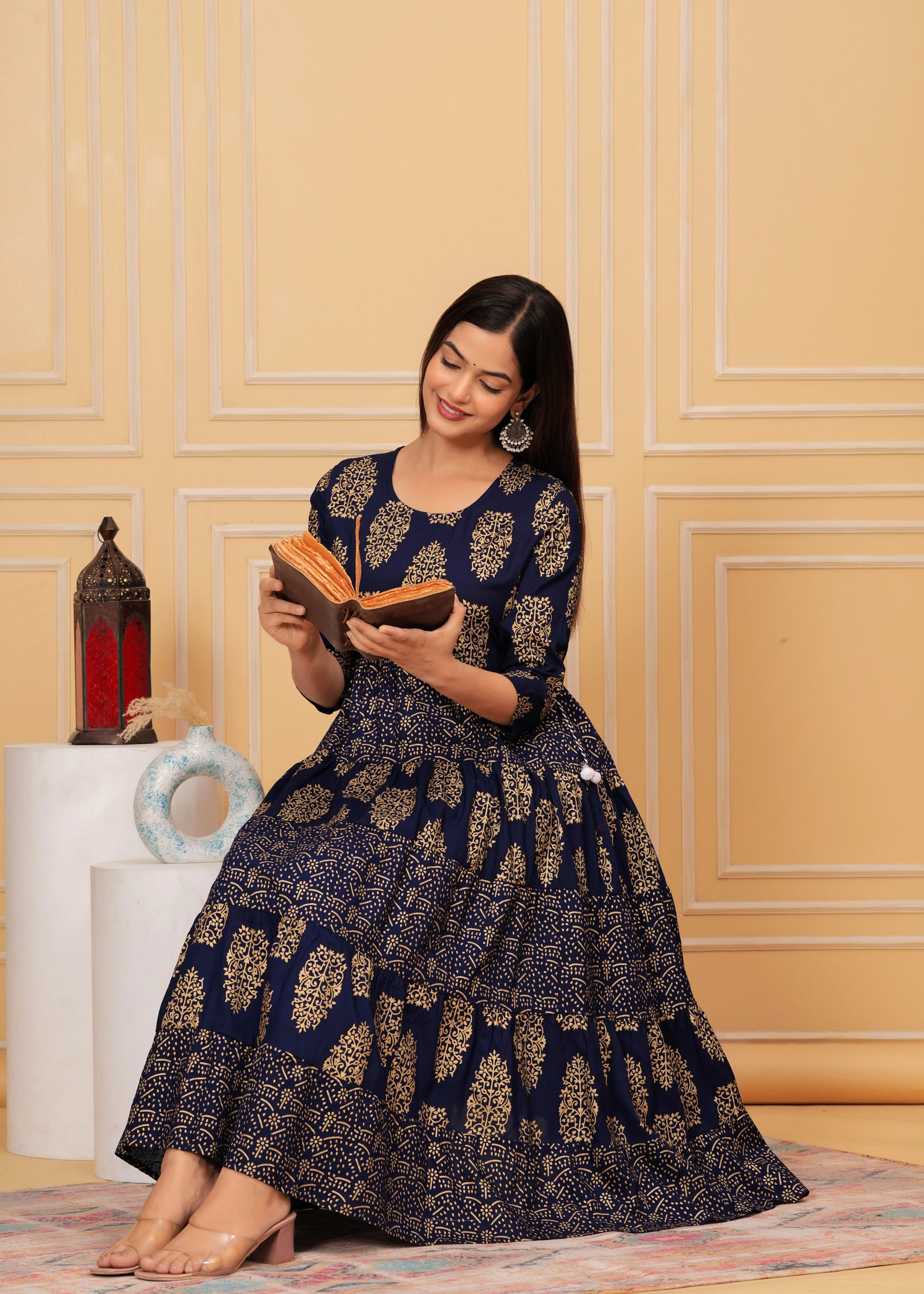 Dark Blue Gold Printed Rayon Anarkali Gown | Women's Collection