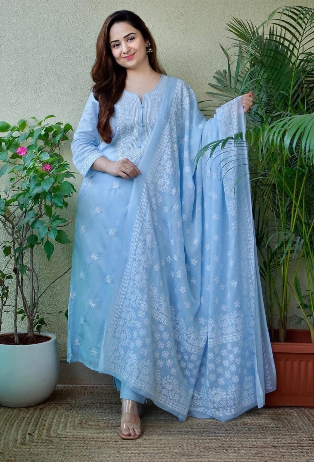 Carolina Blue Embroidered Suit Set with Dupatta | Women's Collection