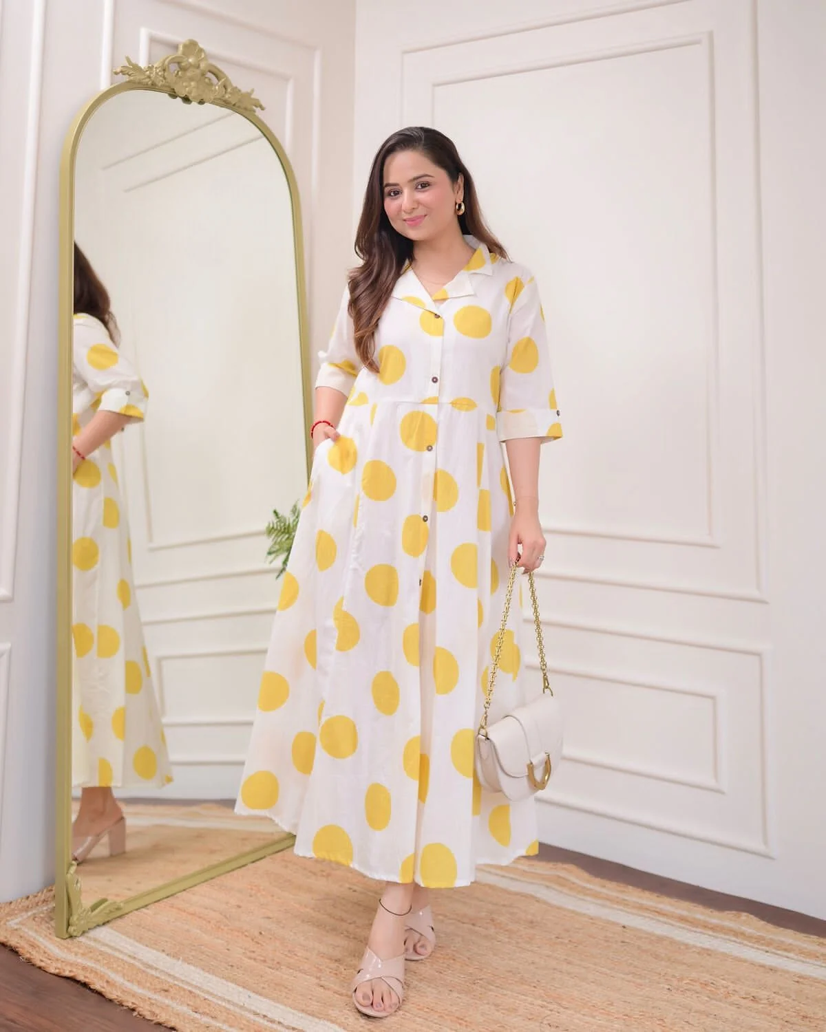 White Yellow Polka Dot Printed Rayon Anarkali Gown | Women's Collection