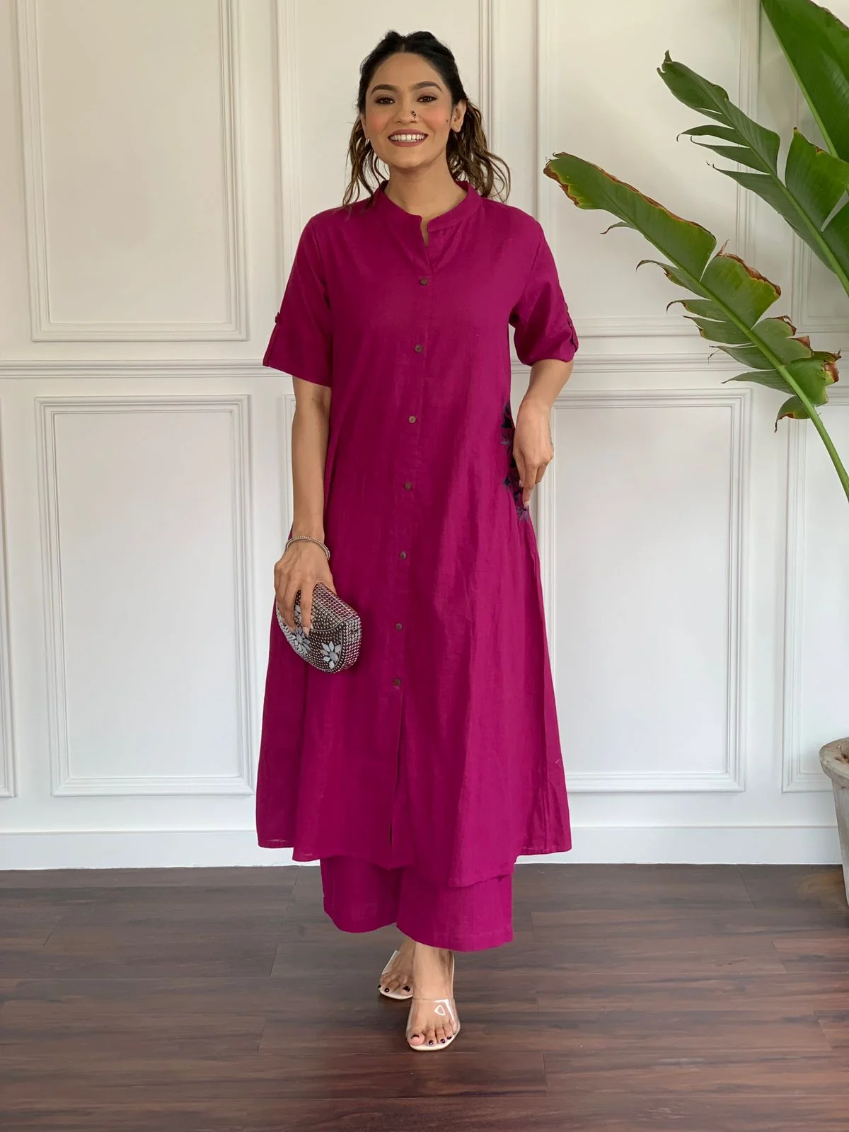 Pink Embroidered Cotton Kurta and Palazzo Set | Women's Collection