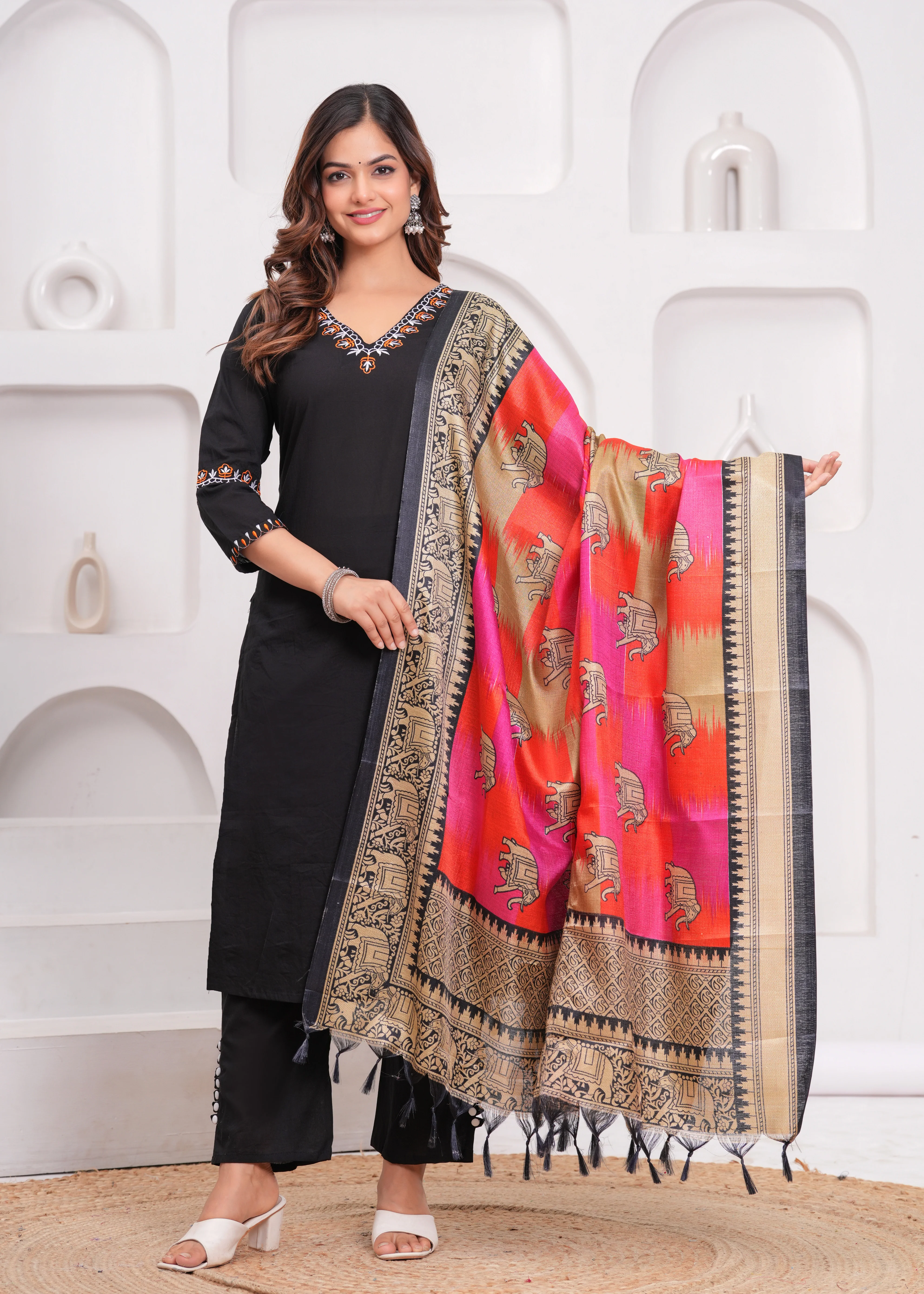 Black Embroidered Cotton Kurta Pant Set with Khadi Dupatta | Women's Collection