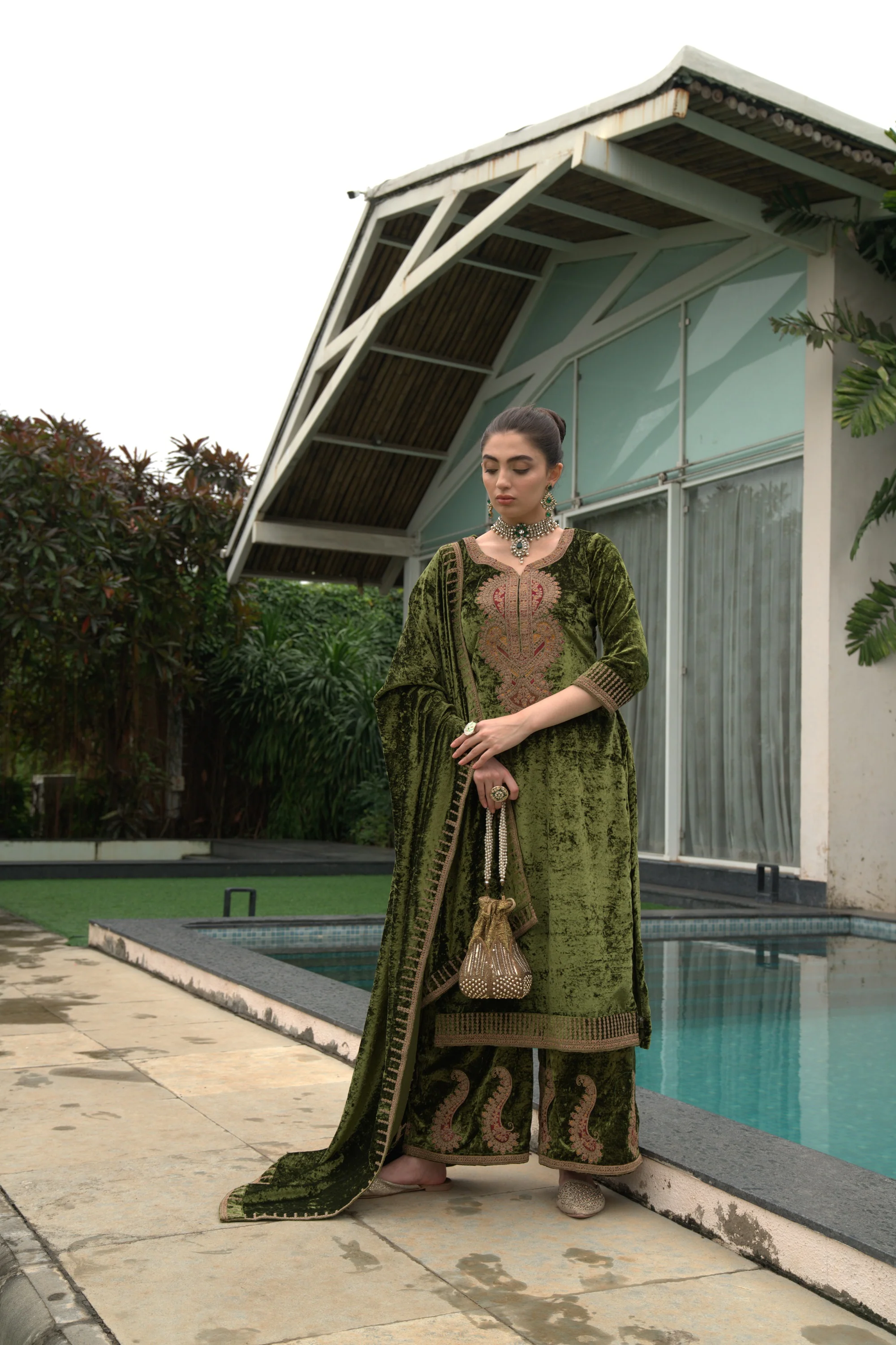 Green Designer Velvet Pakistani Suit Set | Women's Collection
