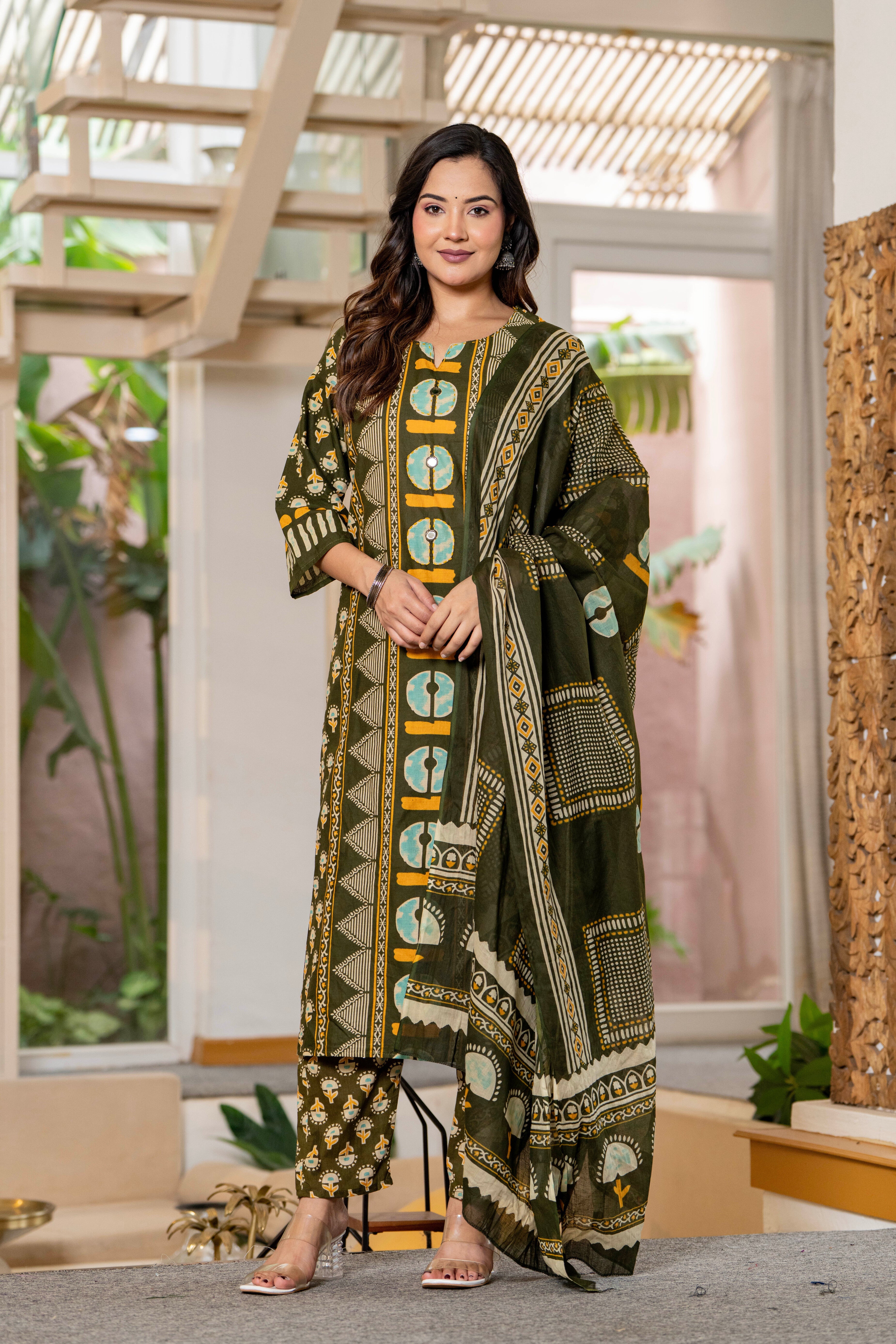 Dark Green Printed Handwork Cotton Suit Set with Dupatta | Women's Collection