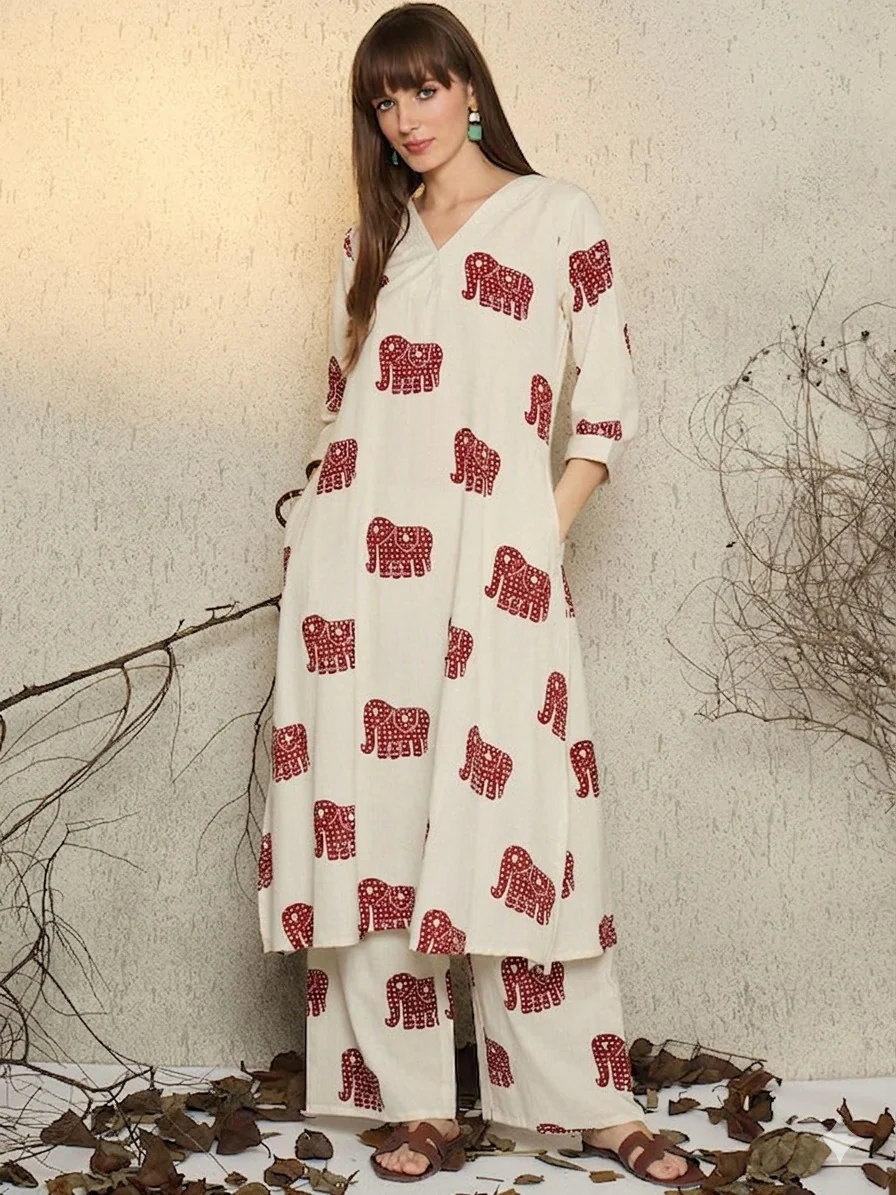 Off White Printed Cotton Flex Co-Ord Set | Women's Collection