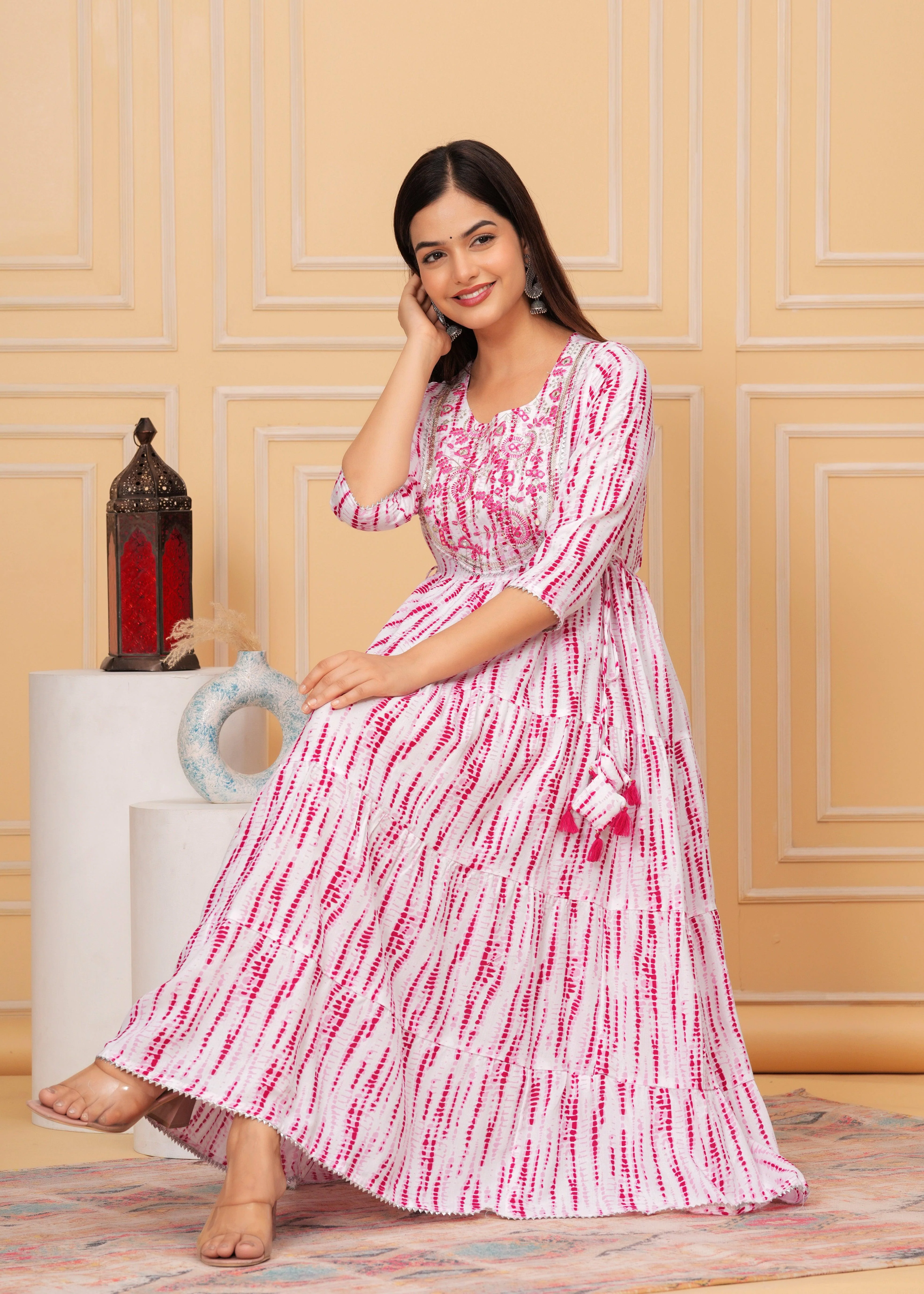 Pink White Tie-Dye Rayon Anarkali Gown | Women's Collection