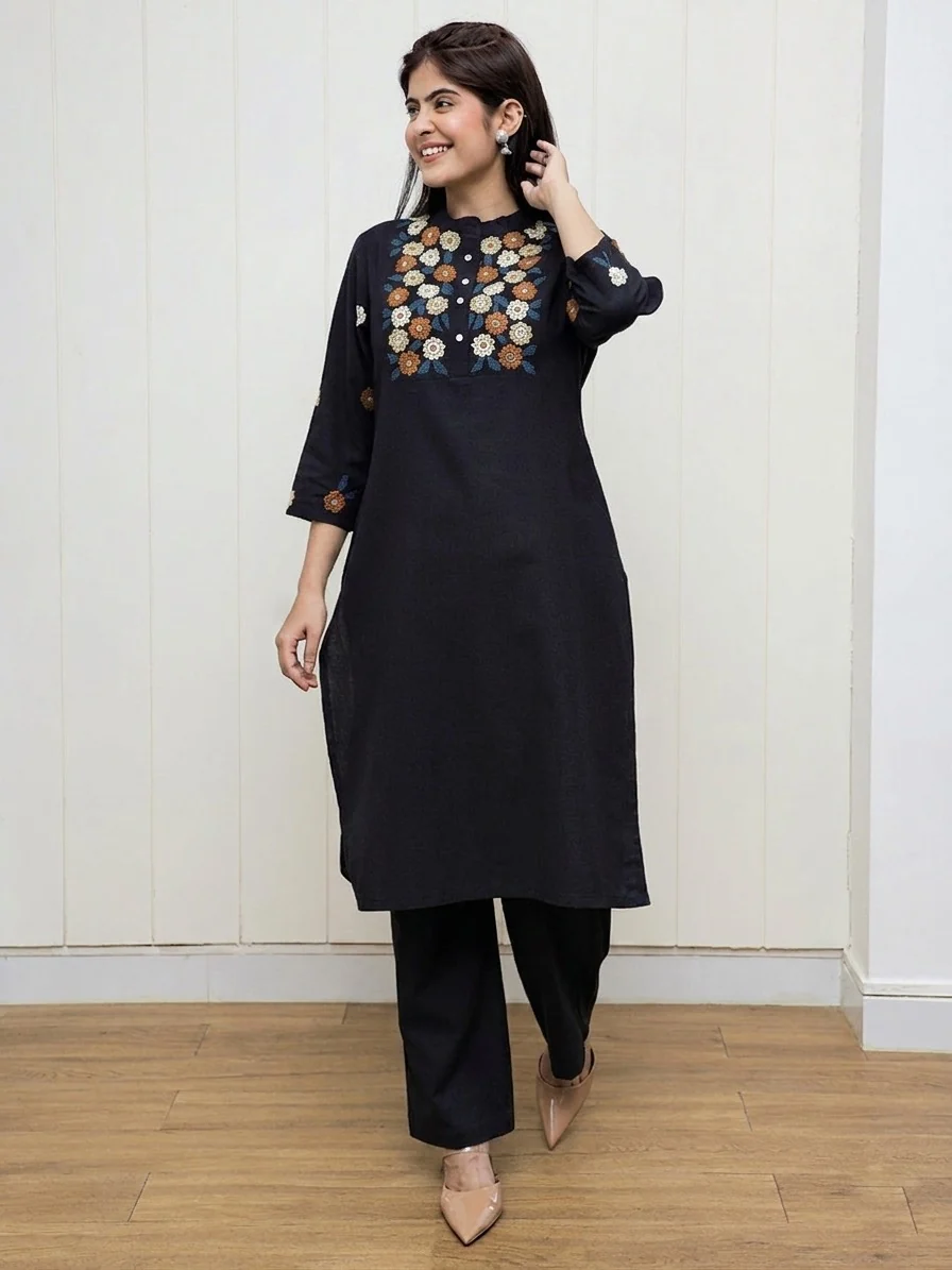 Black Embroidered Cotton Flex Kurta Pant Set | Women's Collection