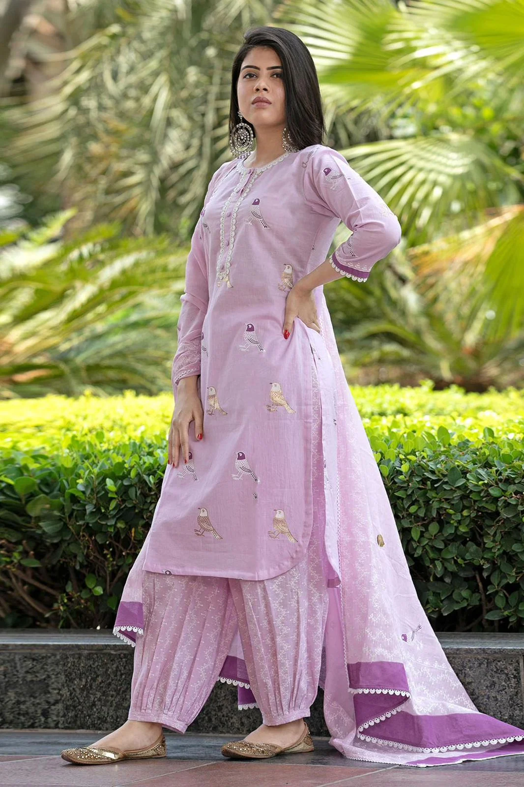 Bird Printed Cotton Kurta Pant Set with Dupatta | Women's Collection