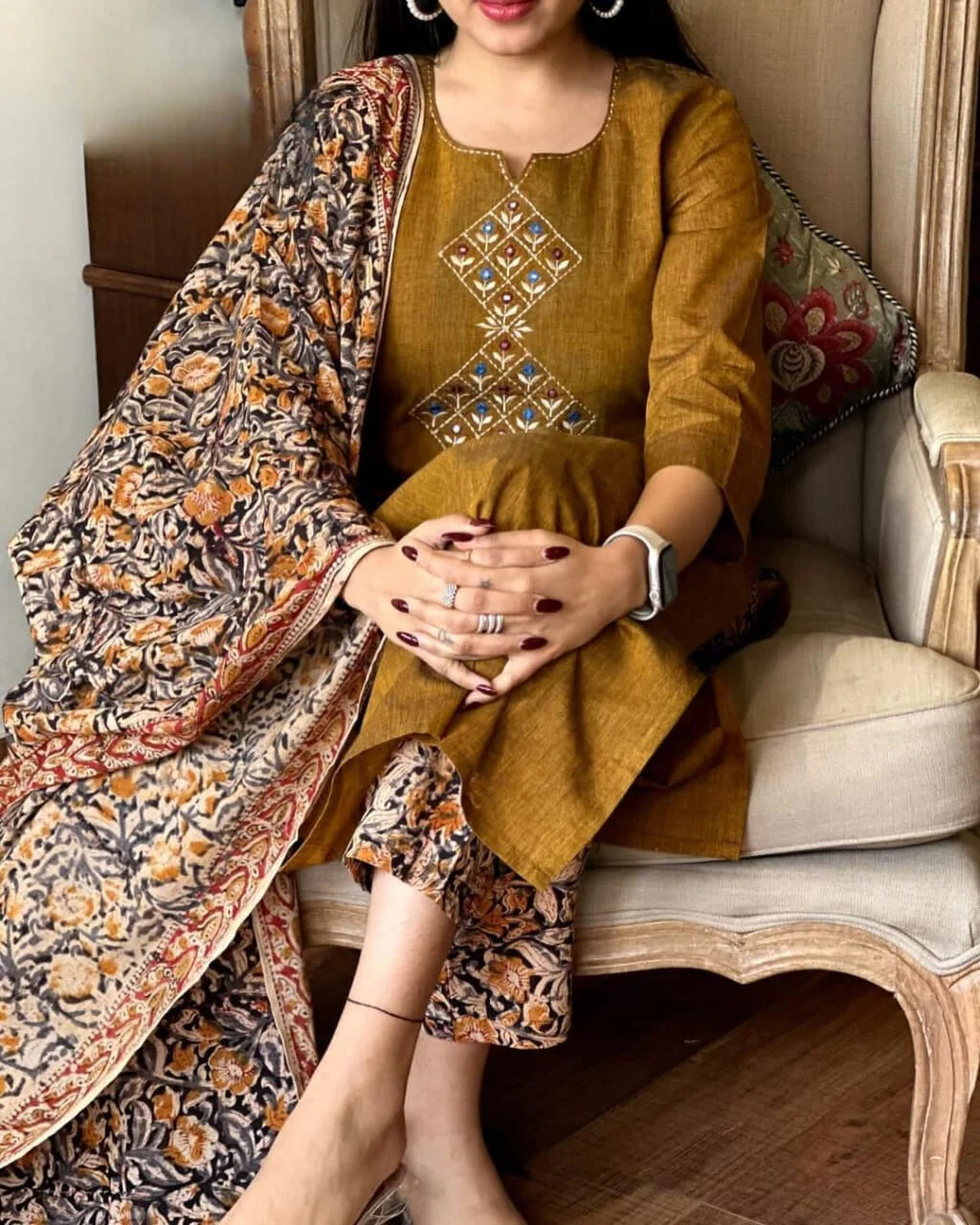 Ruddy Brown Embroidered Handloom Cotton Suit Set with Dupatta | Women's Collection