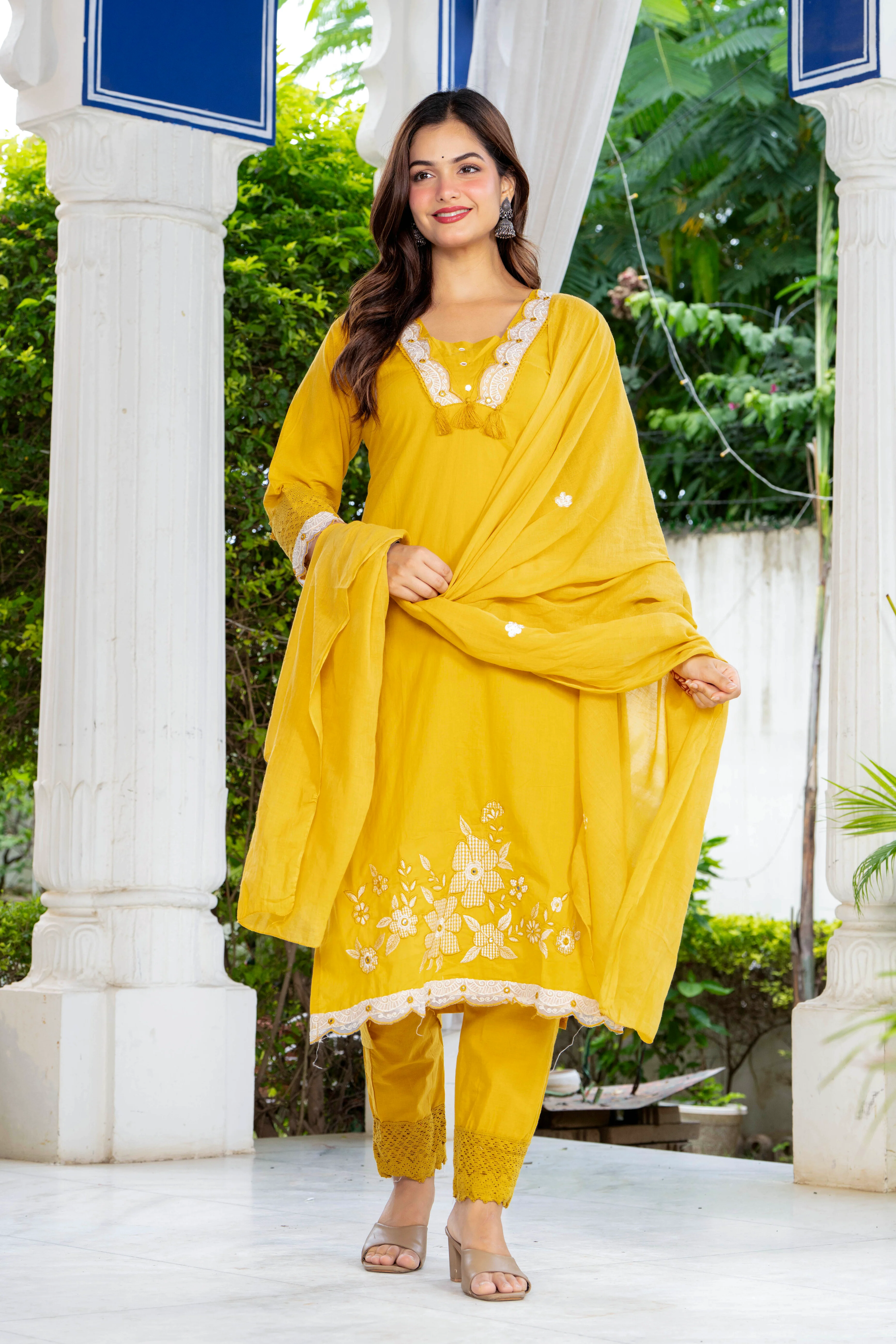 Yellow Embroidered Cotton Kurta Pant Set with Dupatta | Women's Collection
