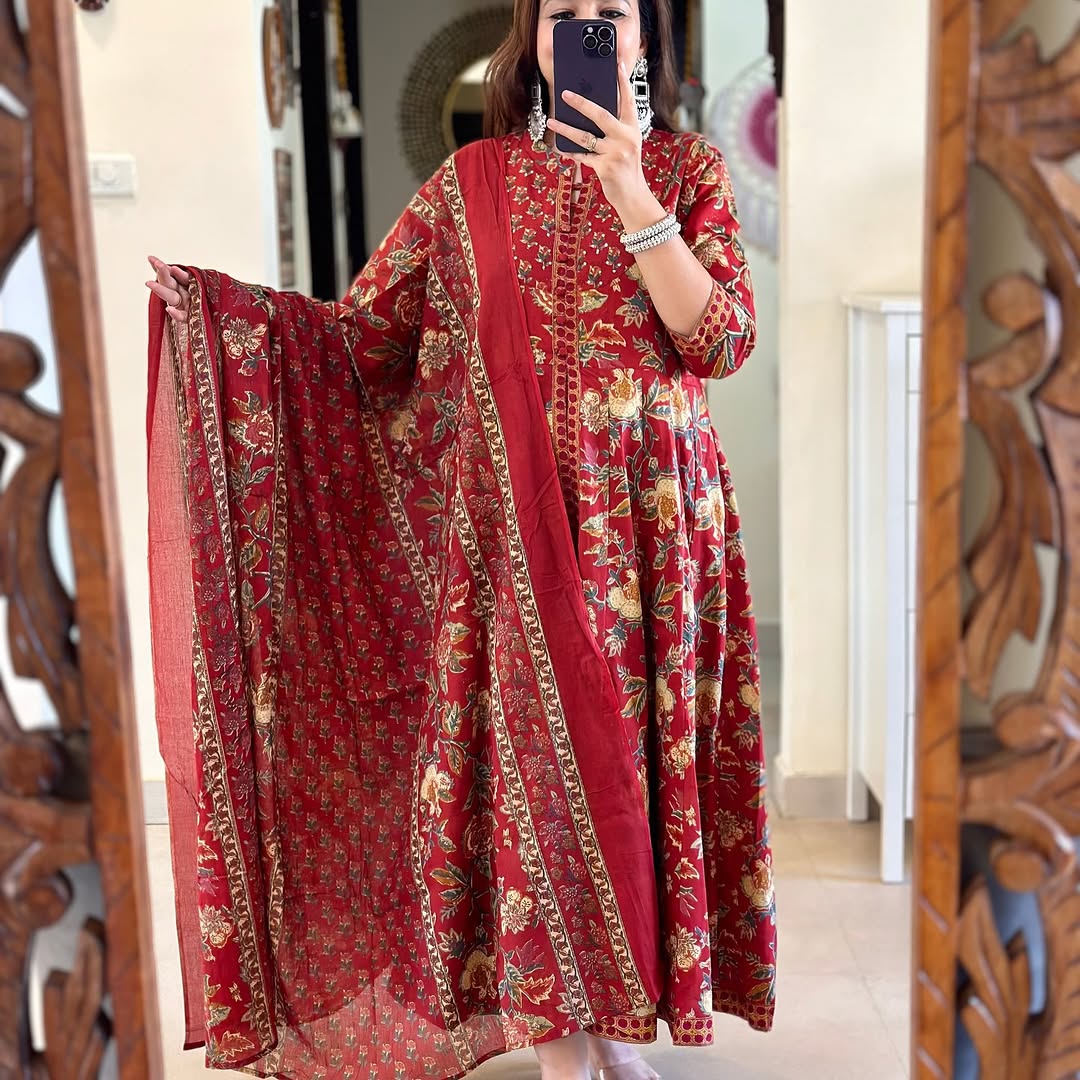 Red Floral Printed Cotton Anarkali Gown with Dupatta | Women's Collection