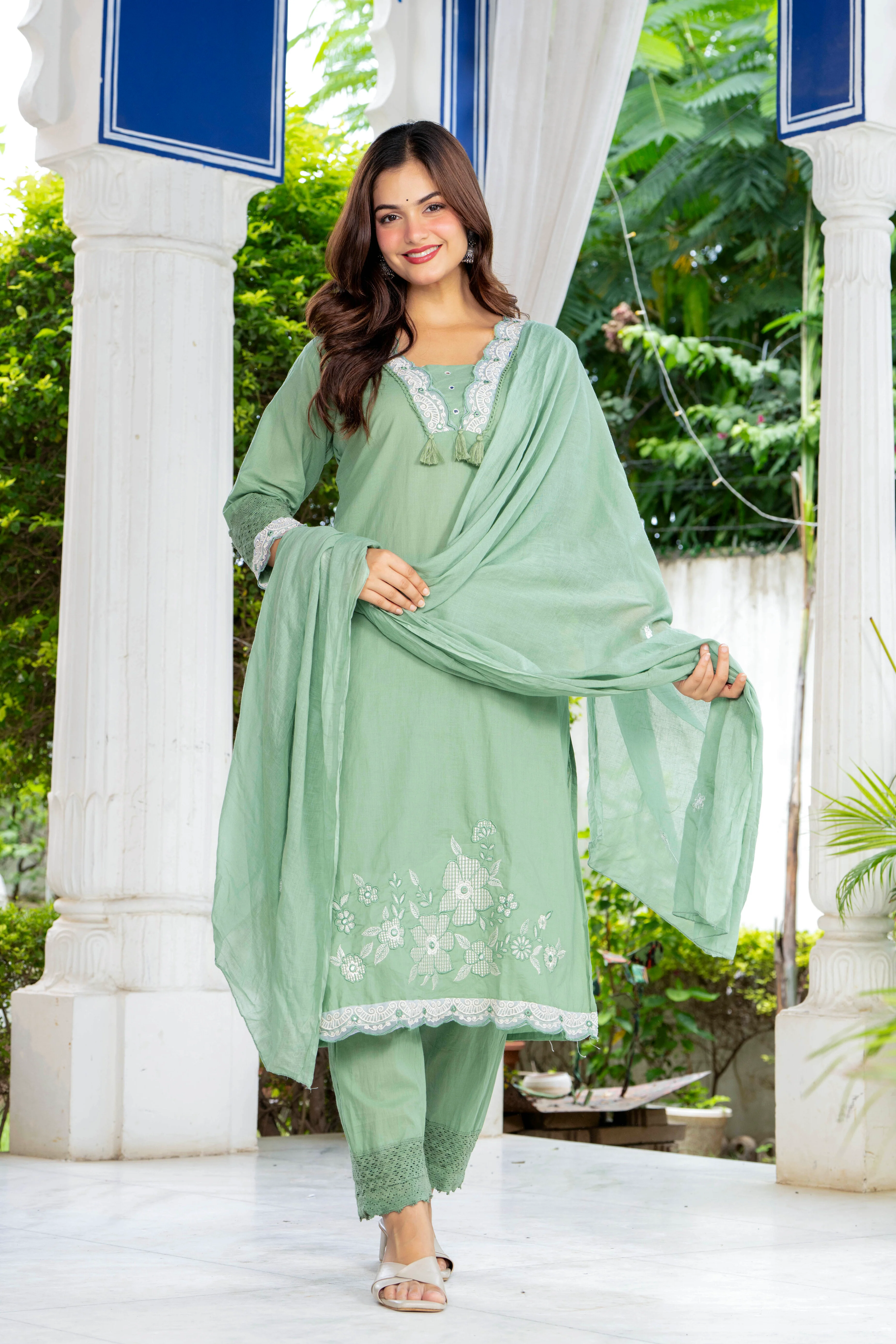 Green Embroidered Cotton Kurta Pant Set with Dupatta | Women's Collection