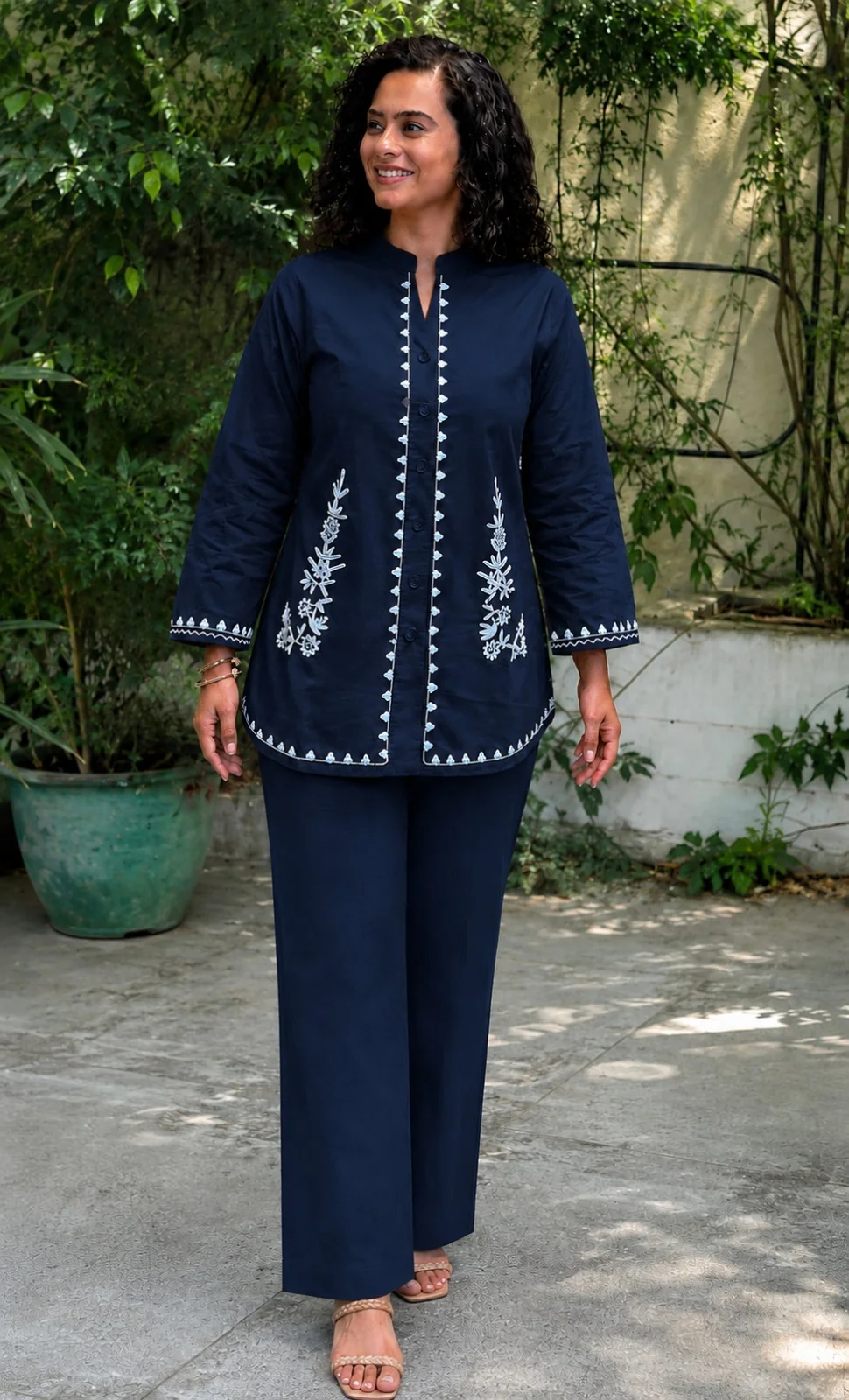 Navy Blue Embroidered Cotton Slub Co-Ord Set | Women's Collection