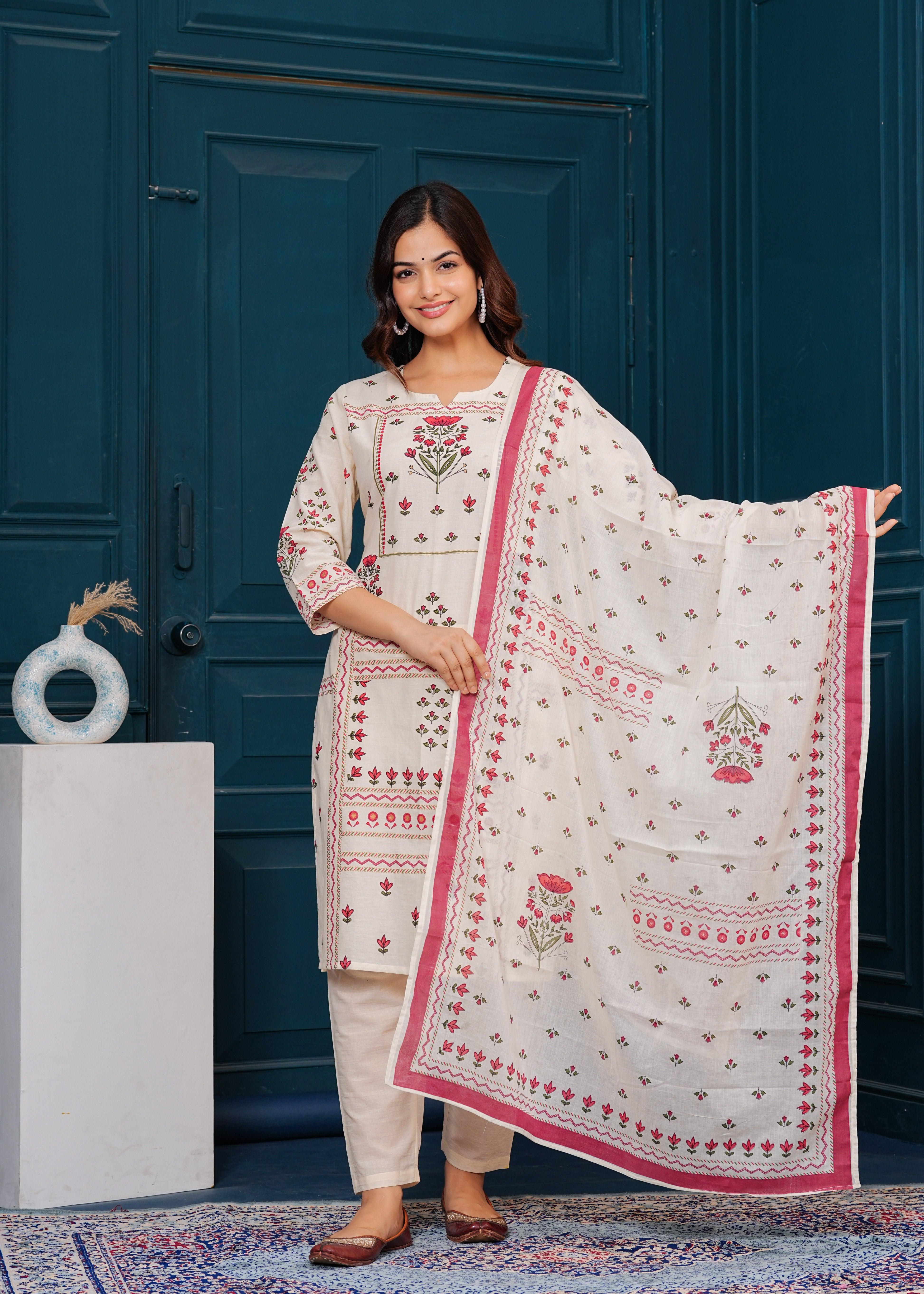 Beige Printed Cotton Kurta Pant Set with Mulmul Dupatta | Women's Collection