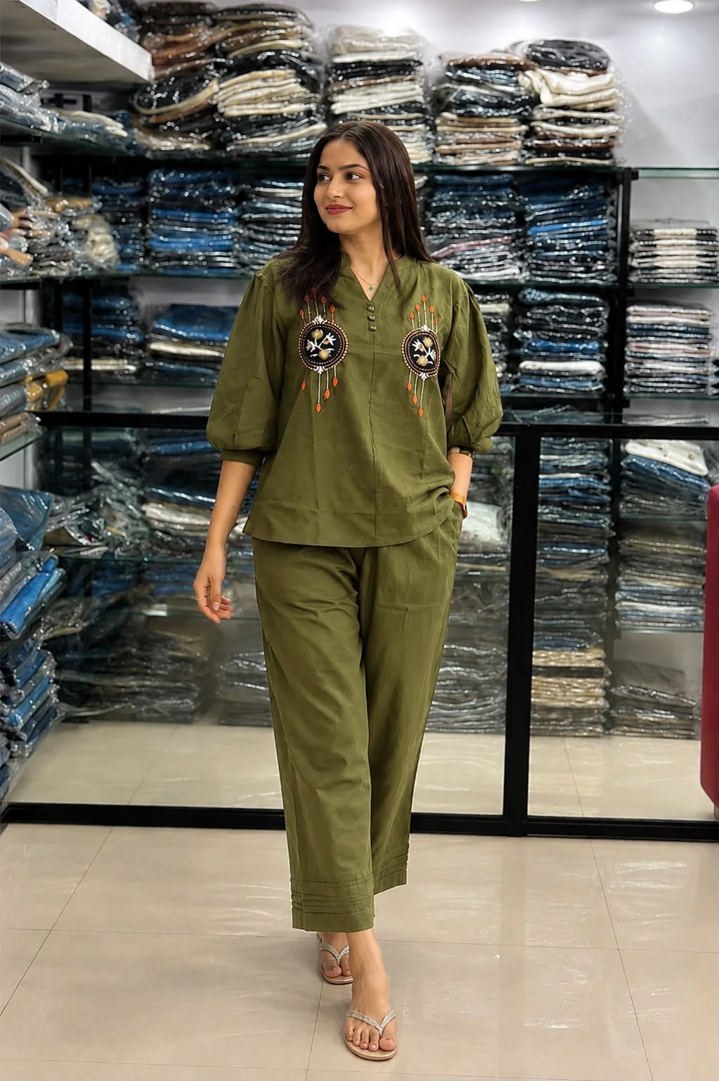 Green Embroidered Cotton Co-Ord Set | Women's Collection