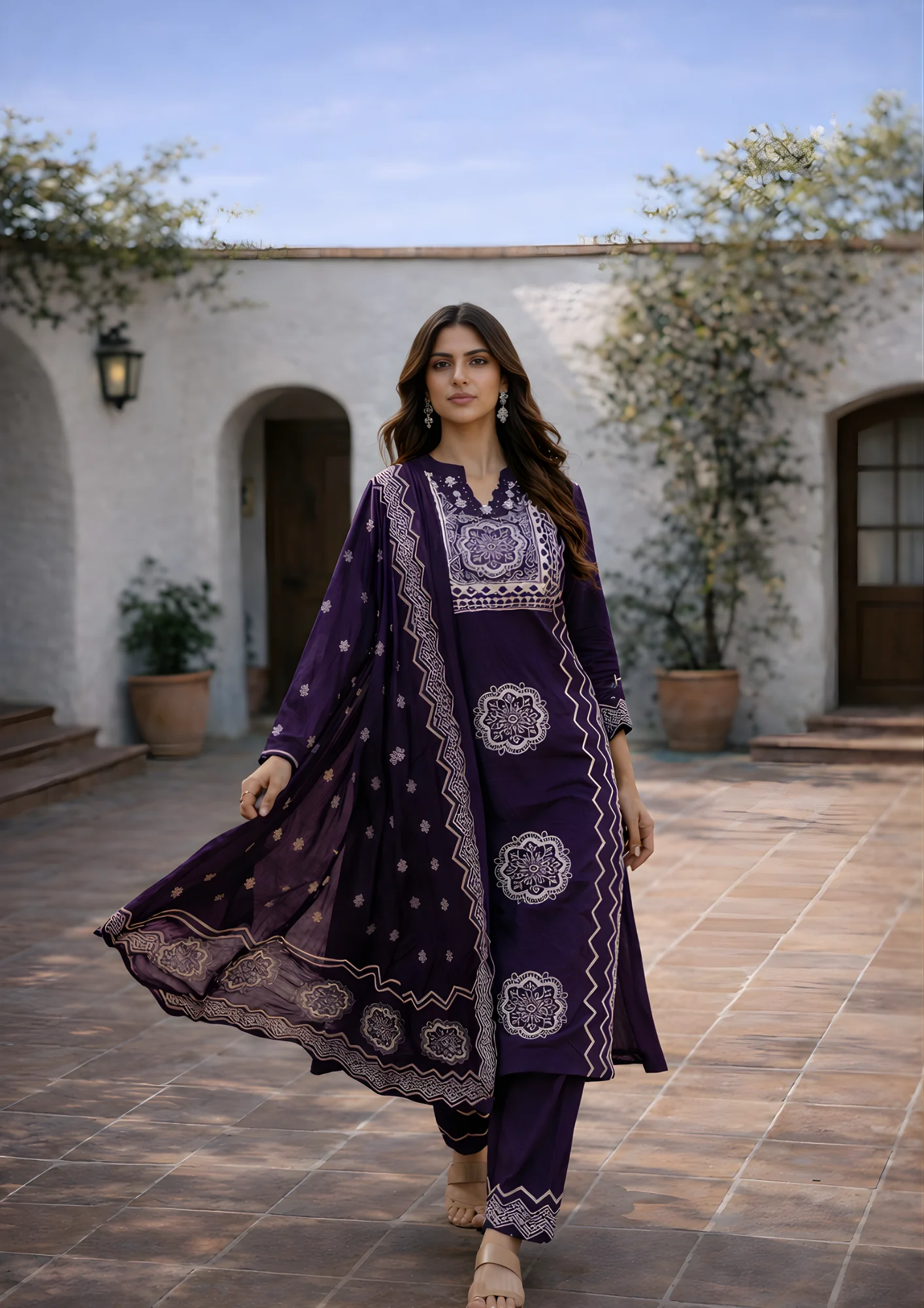 Abstract Purple Printed Cotton Kurta Pant Set with Dupatta | Women's Collection