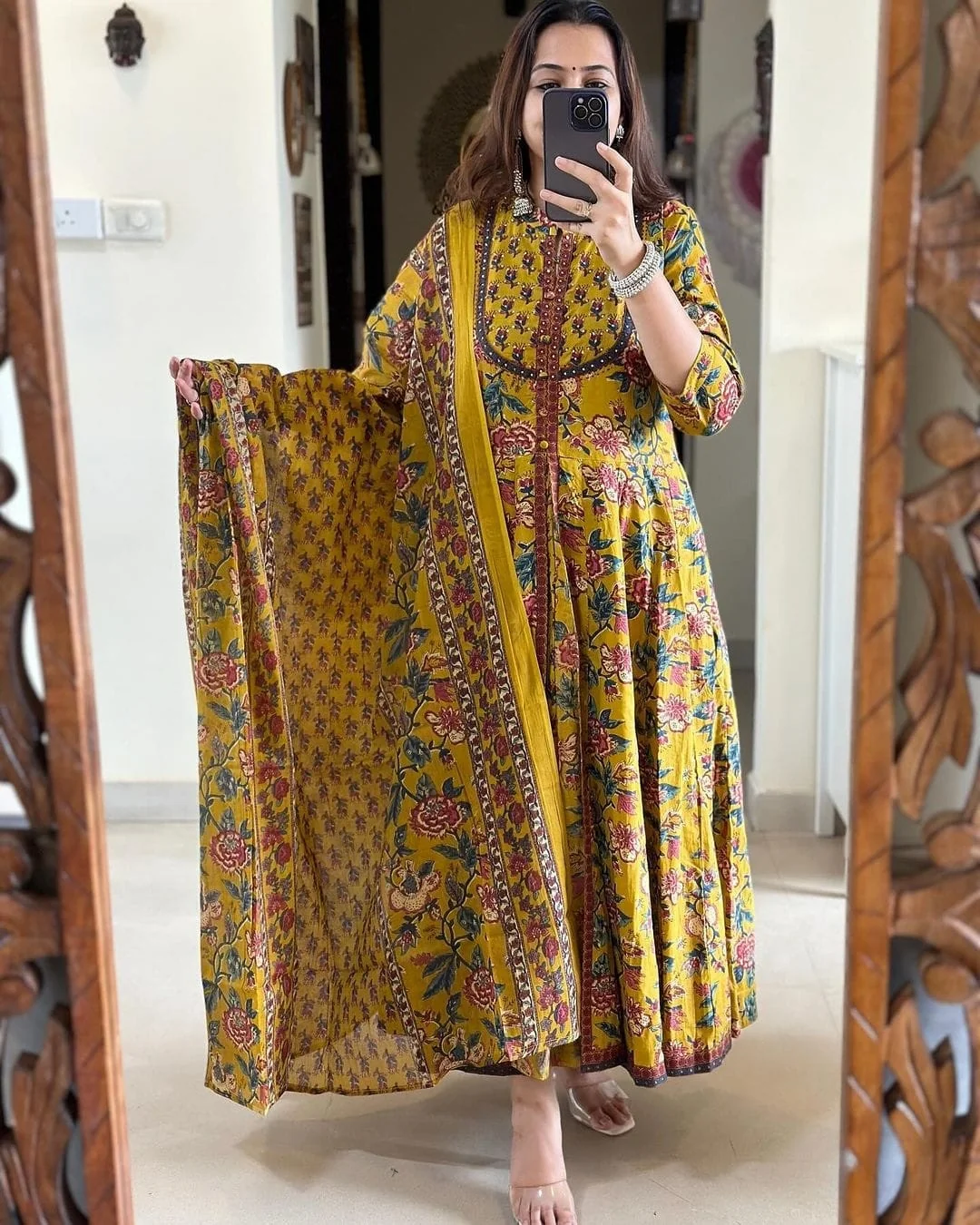Mustard Floral Printed Cotton Anarkali Gown with Dupatta | Women's Collection