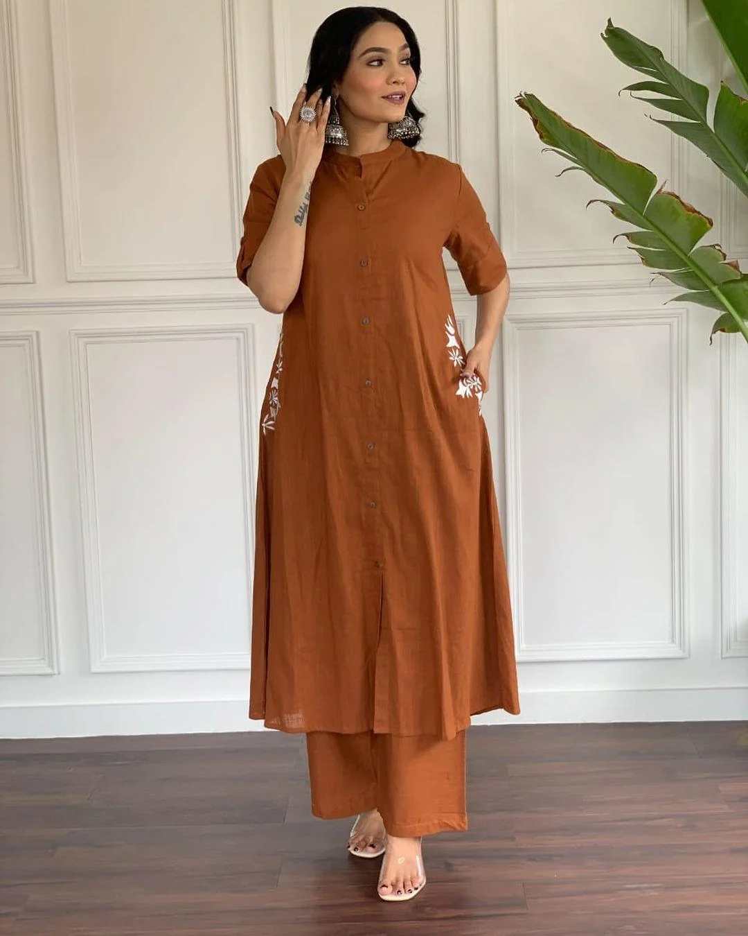 Brown Rust Embroidered Cotton Kurta and Palazzo Set | Women's Collection