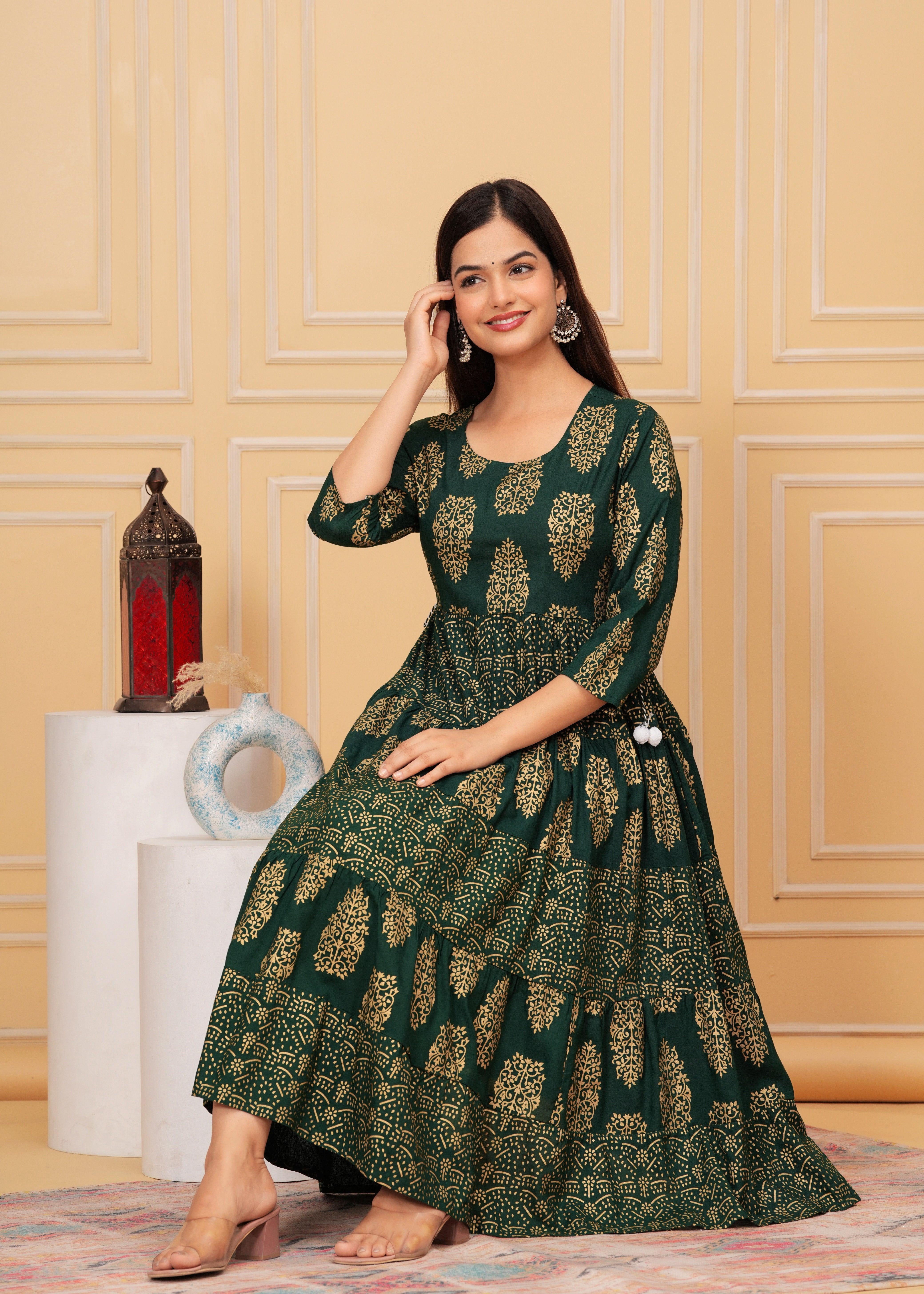 Lunar Green Gold Printed Rayon Anarkali Gown | Women's Collection