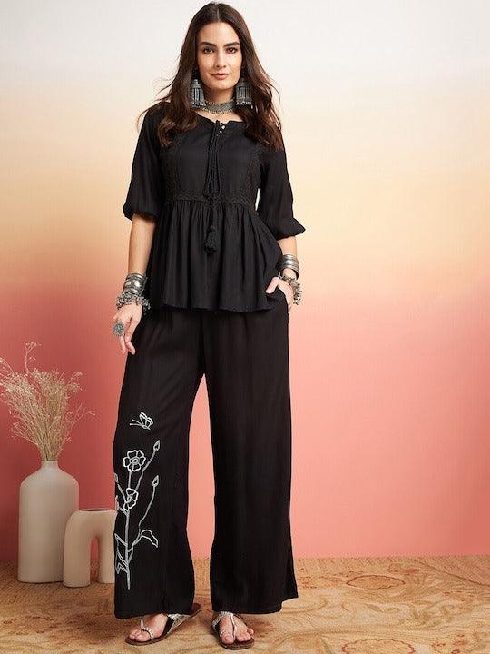 Black Embellished Lace Up Detail Top and Palazzo Co-Ord Set | Women's Collection