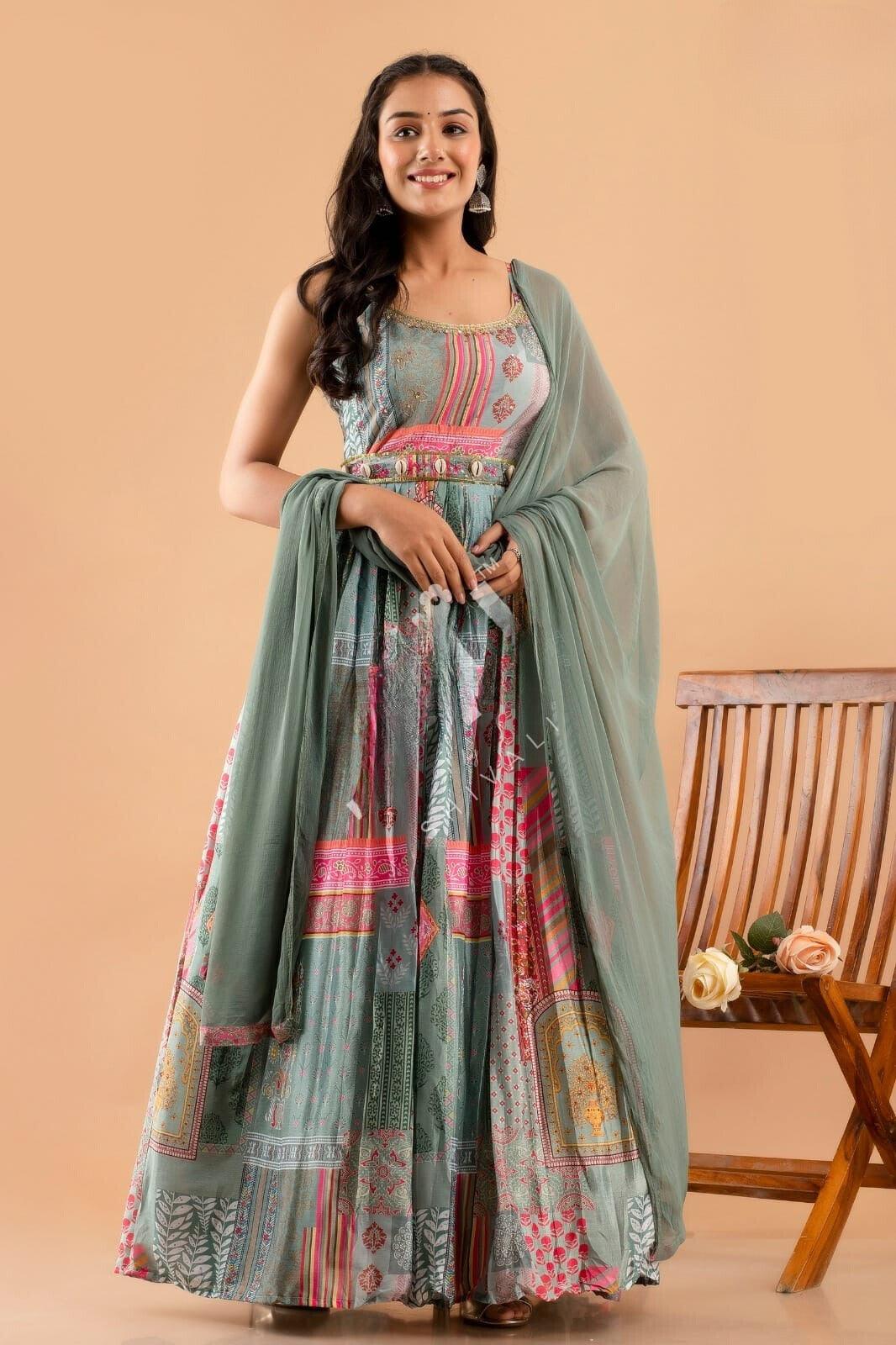 Printed Classic Strap Maxi With Hadwork Belt and Dupatta | Women's Collection