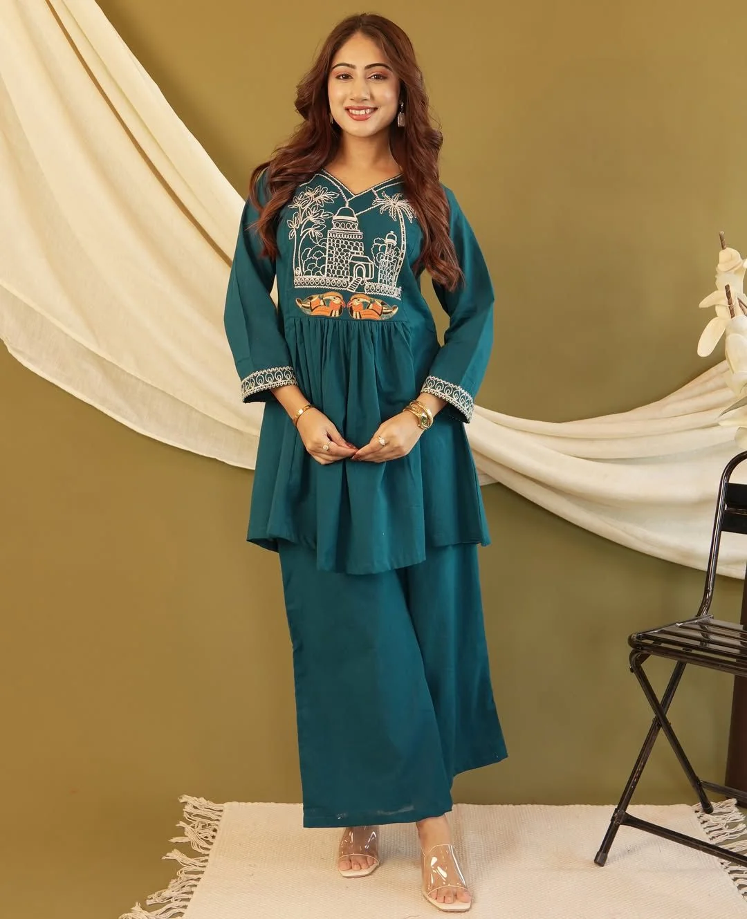 Blue Stone Embroidered Cotton Co-Ord Set | Women's Collection