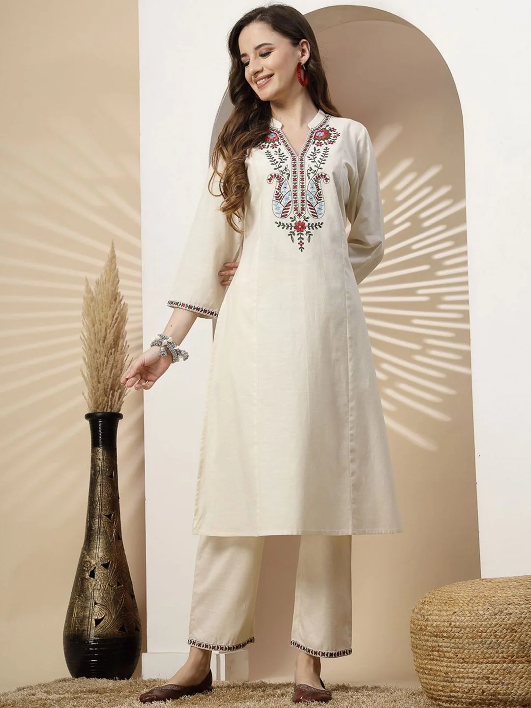 Off White Embroidered Cotton Flex Kurta Pant Set | Women's Collection