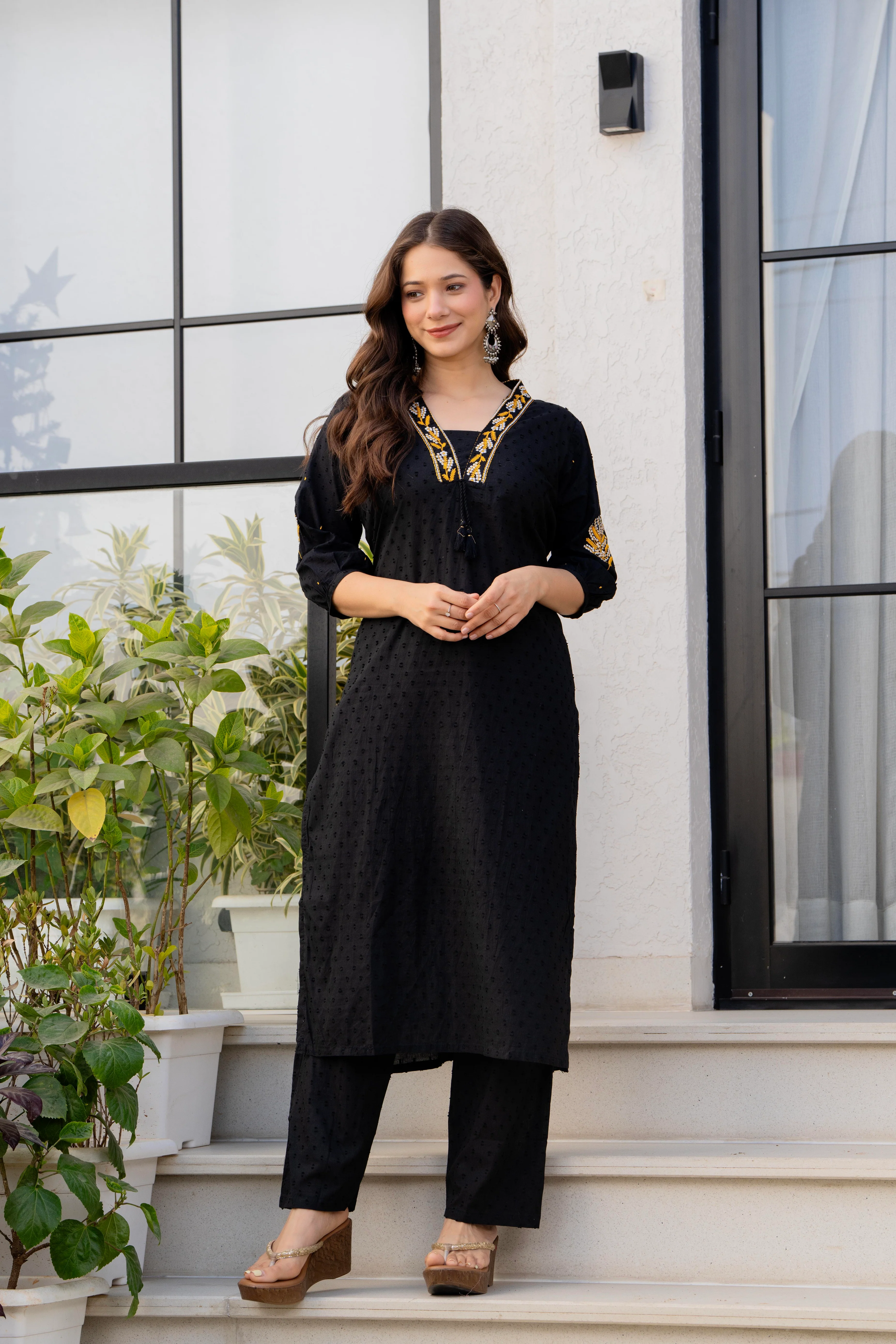 Black Embroidered Cotton Kurta Pant Set | Women's Collection