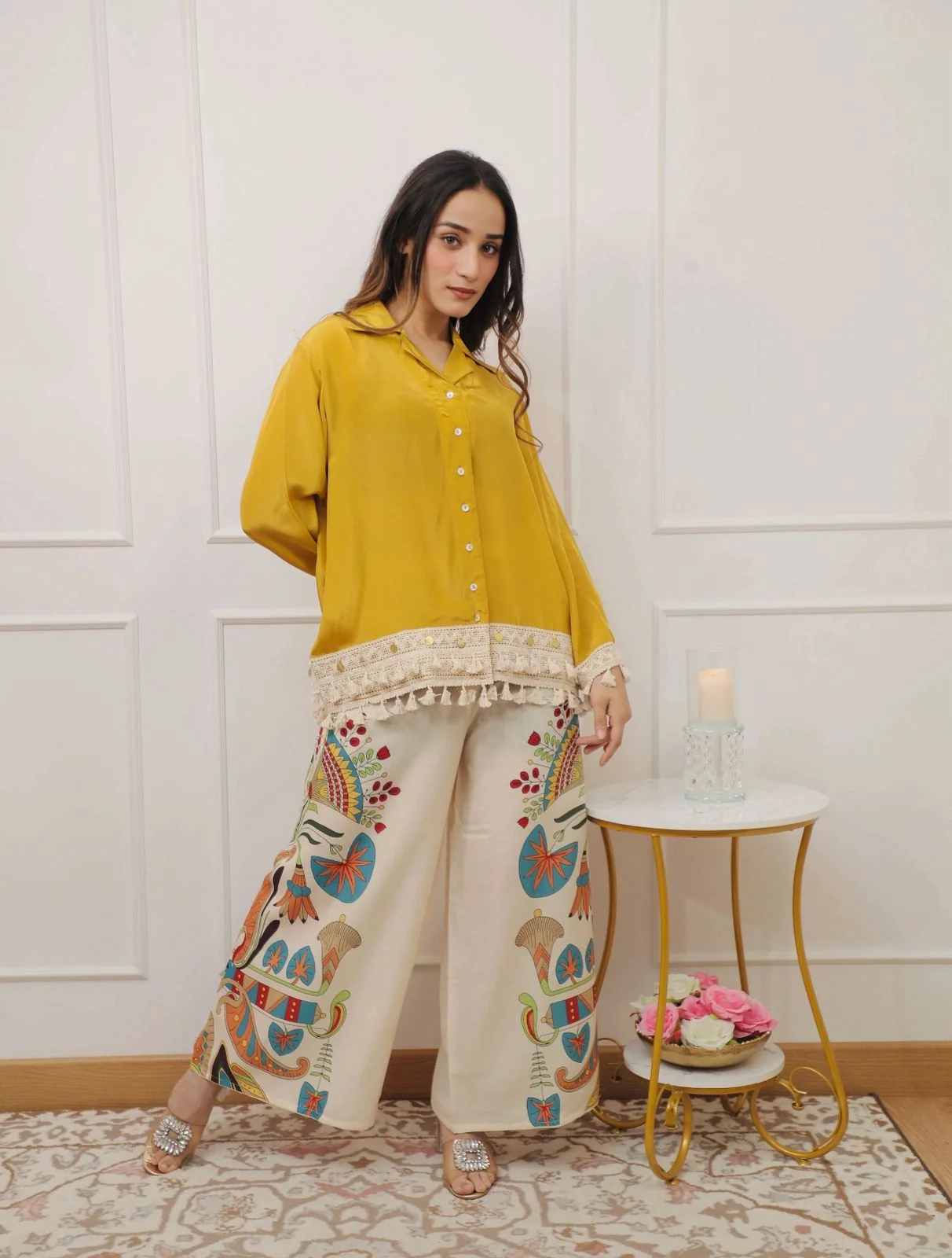 Yellow Lace Work Cotton Flex Co-Ord Set | Women's Collection
