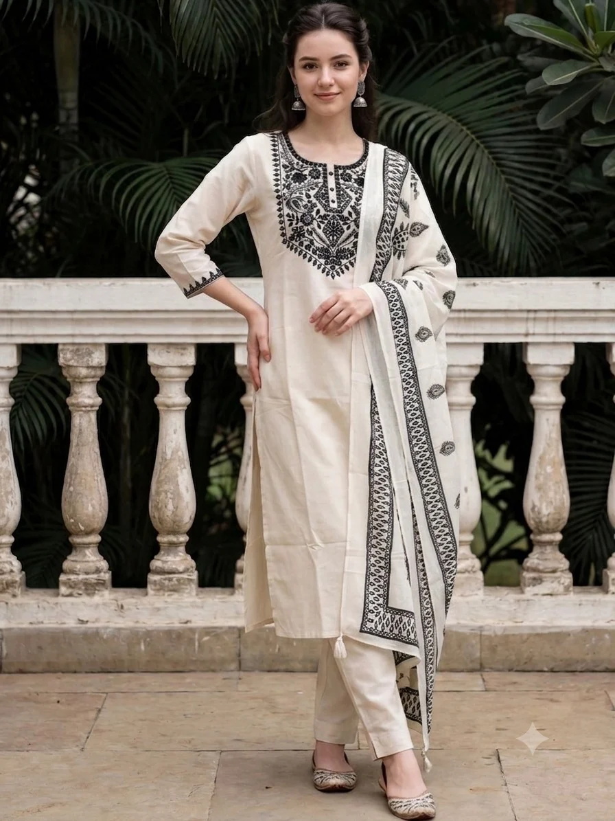Off White Embroidered Cotton Flex Kurta Pant Set with Dupatta | Women's Collection