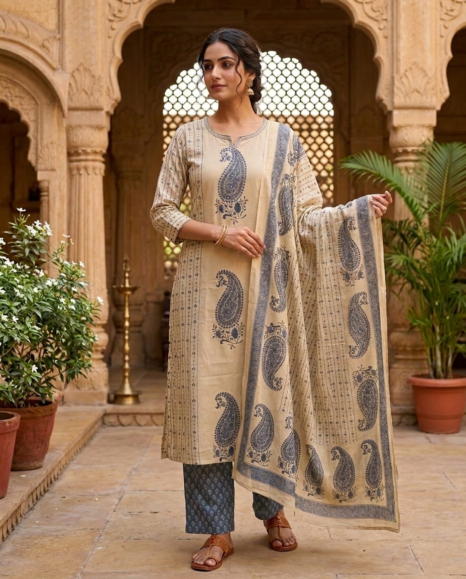 Beige Blue Printed Cotton Kurta Pant Set with Dupatta | Women's Collection