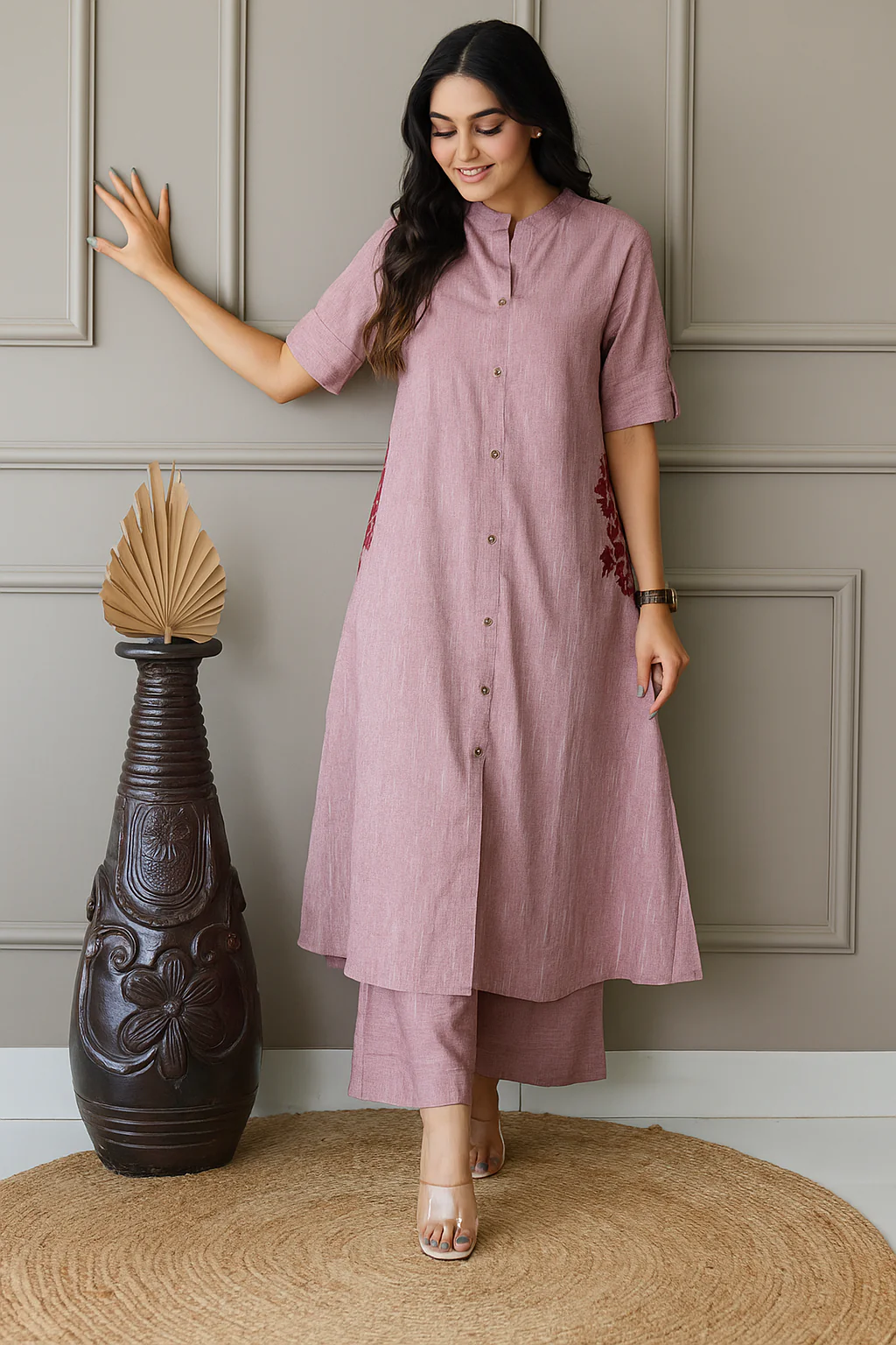 Light Pink Embroidered Cotton Kurta and Palazzo Set | Women's Collection
