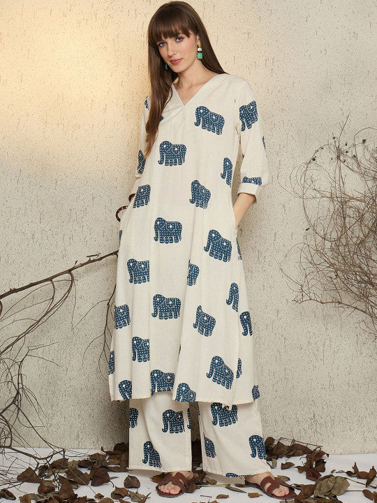 Off White Printed Cotton Flex Co-Ord Set | Women's Collection